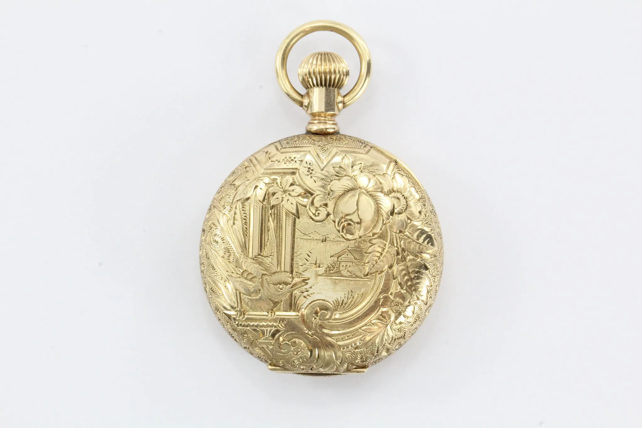 Antique Victorian 14K Gold Hand Chased Bird Pendant Locket Watch Case