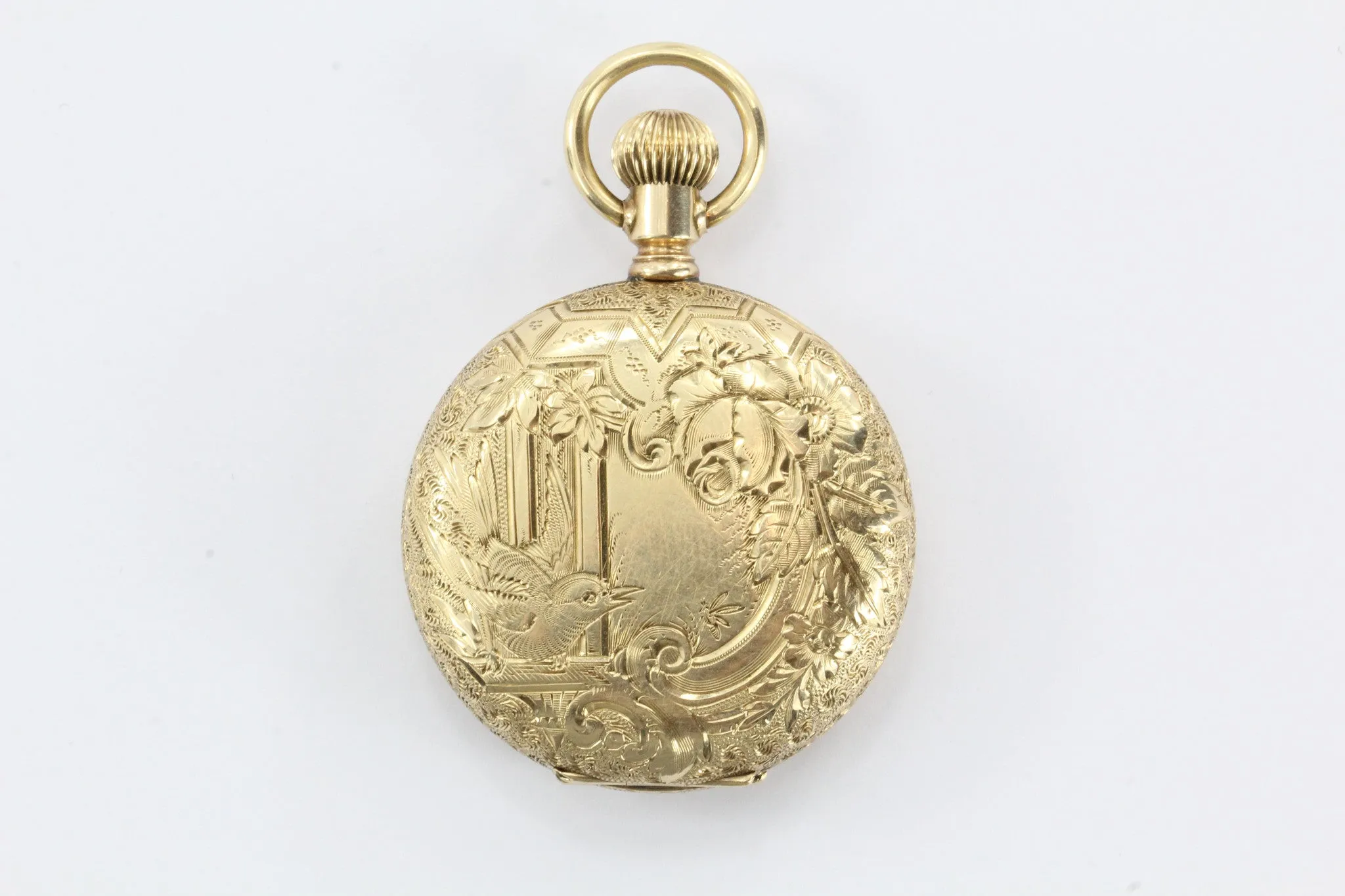 Antique Victorian 14K Gold Hand Chased Bird Pendant Locket Watch Case