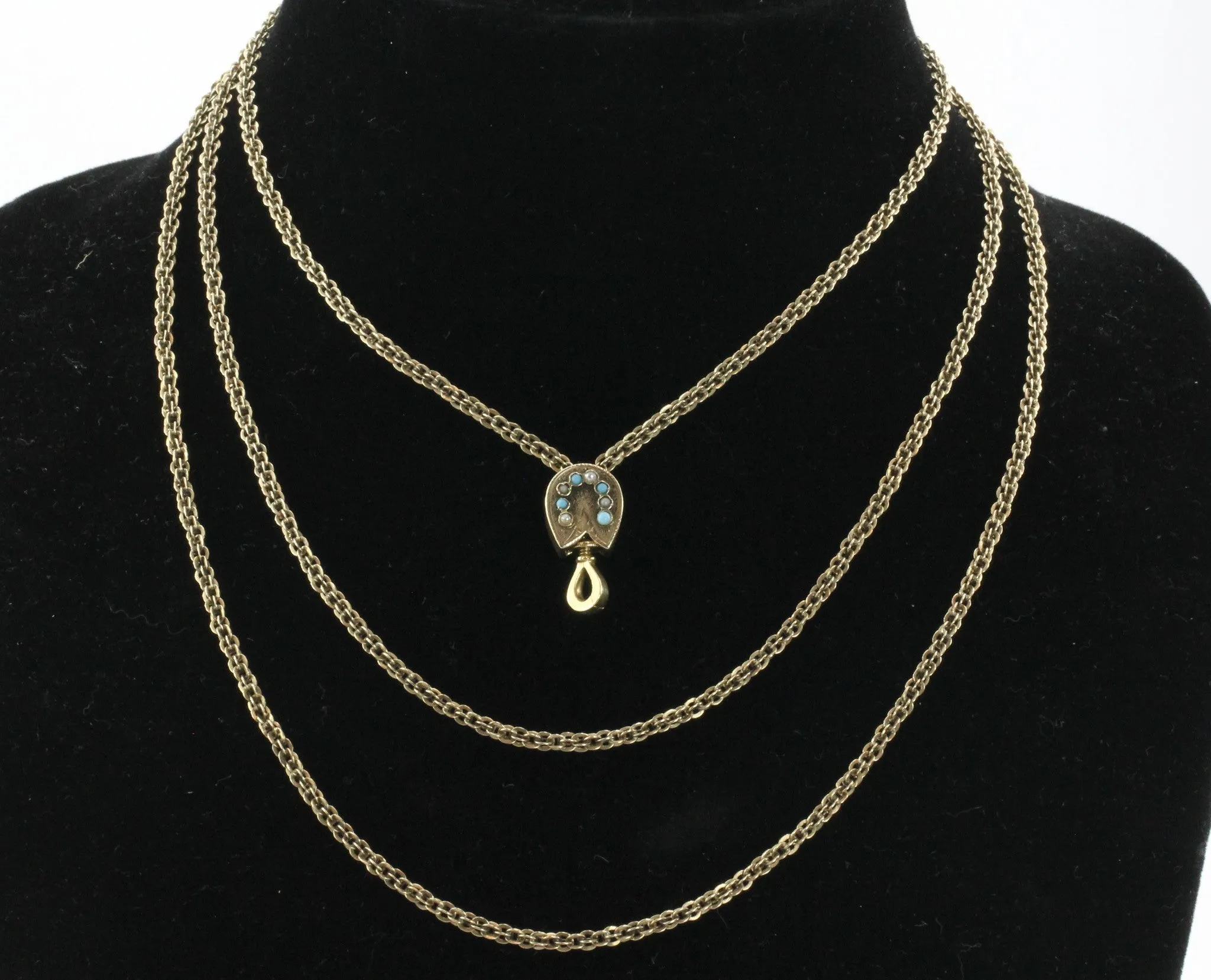 Antique Victorian 14K Gold Turquoise & Seed Pearl Lorgnette Watch Necklace Chain