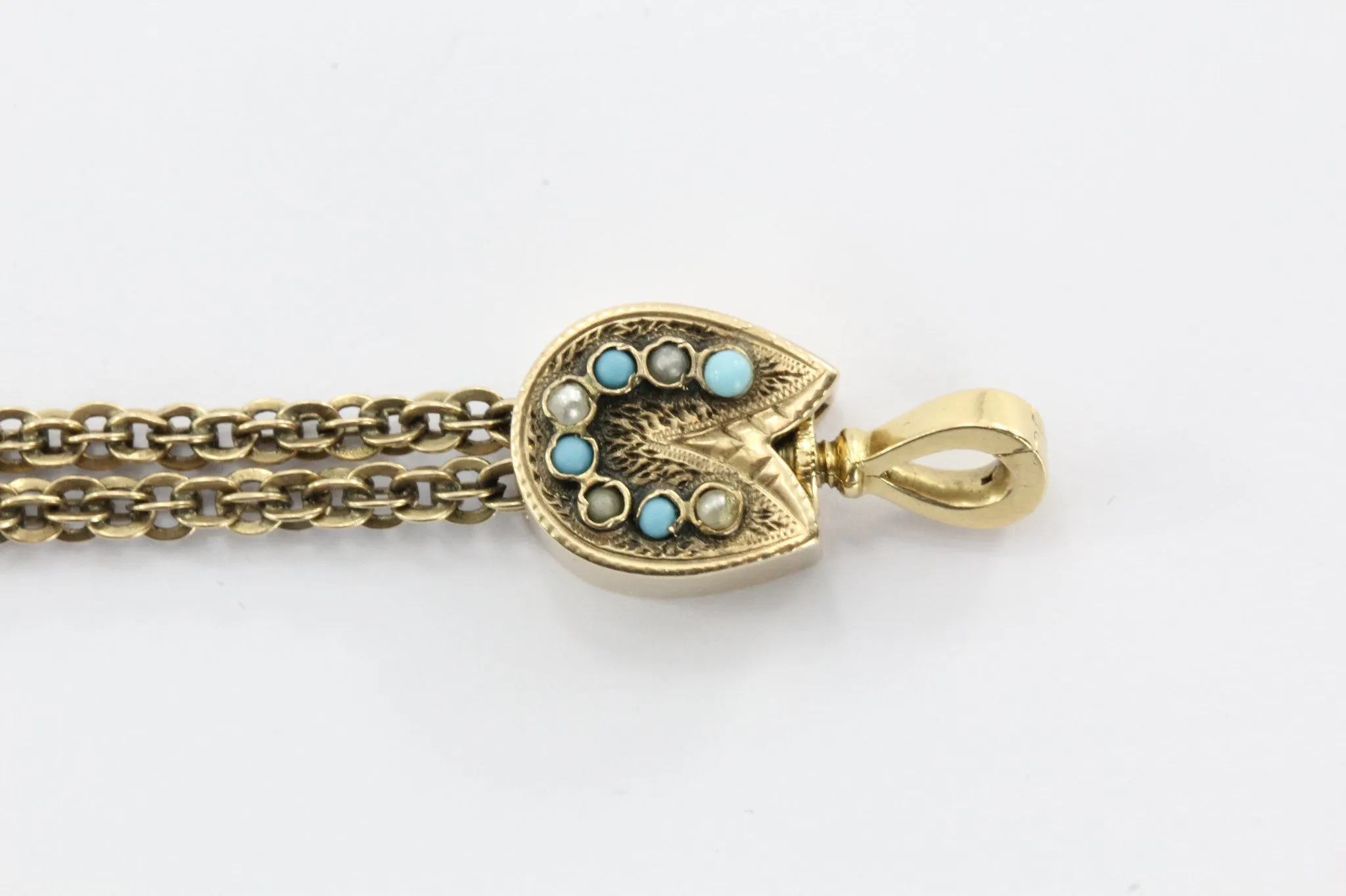 Antique Victorian 14K Gold Turquoise & Seed Pearl Lorgnette Watch Necklace Chain