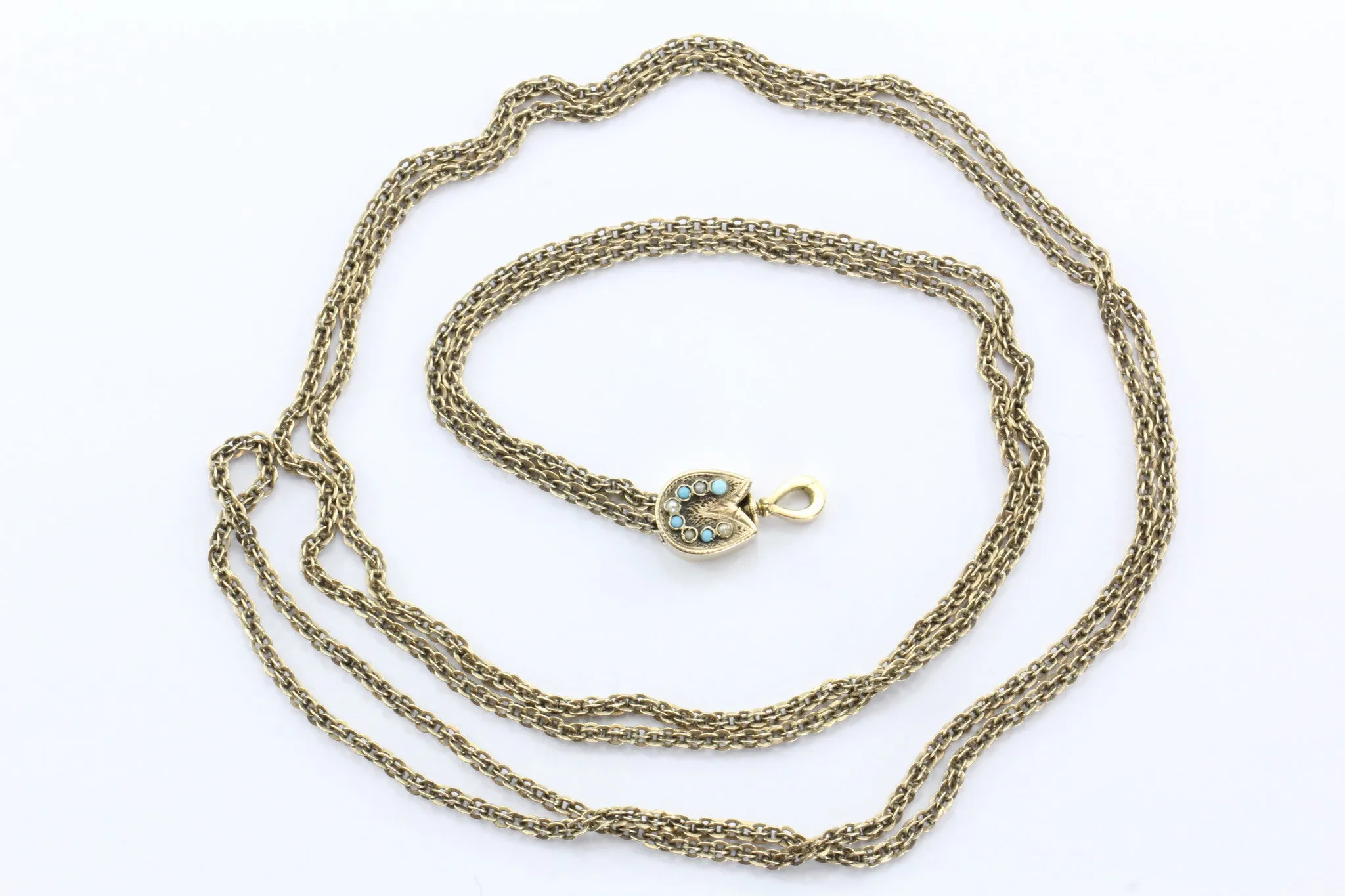 Antique Victorian 14K Gold Turquoise & Seed Pearl Lorgnette Watch Necklace Chain