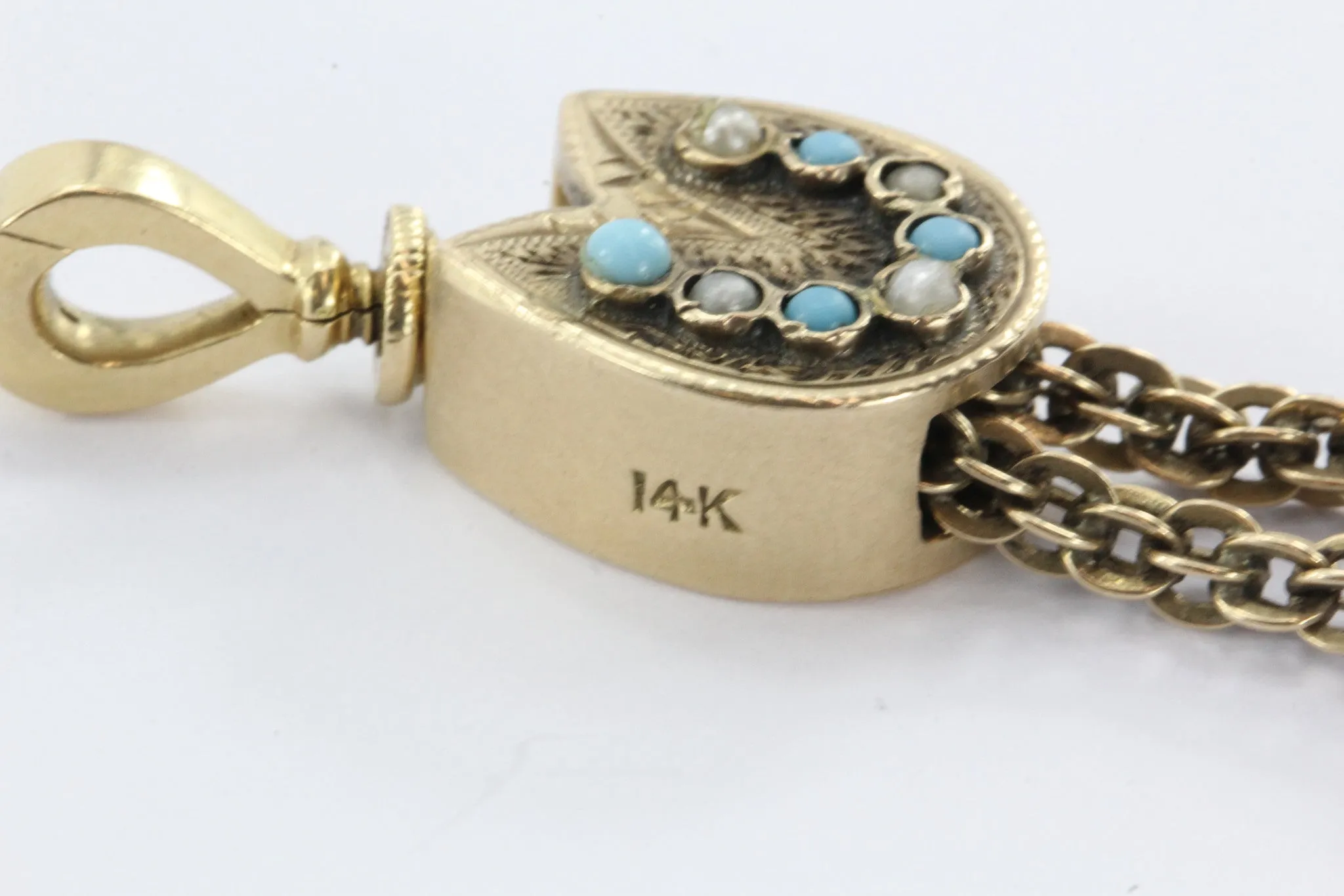 Antique Victorian 14K Gold Turquoise & Seed Pearl Lorgnette Watch Necklace Chain