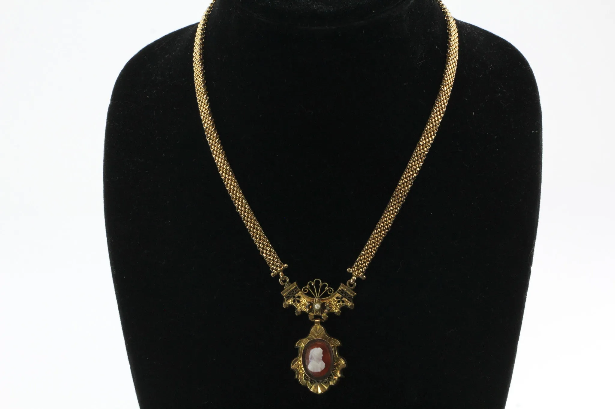 Antique Victorian GF & Enamel Carnelian Cameo Necklace