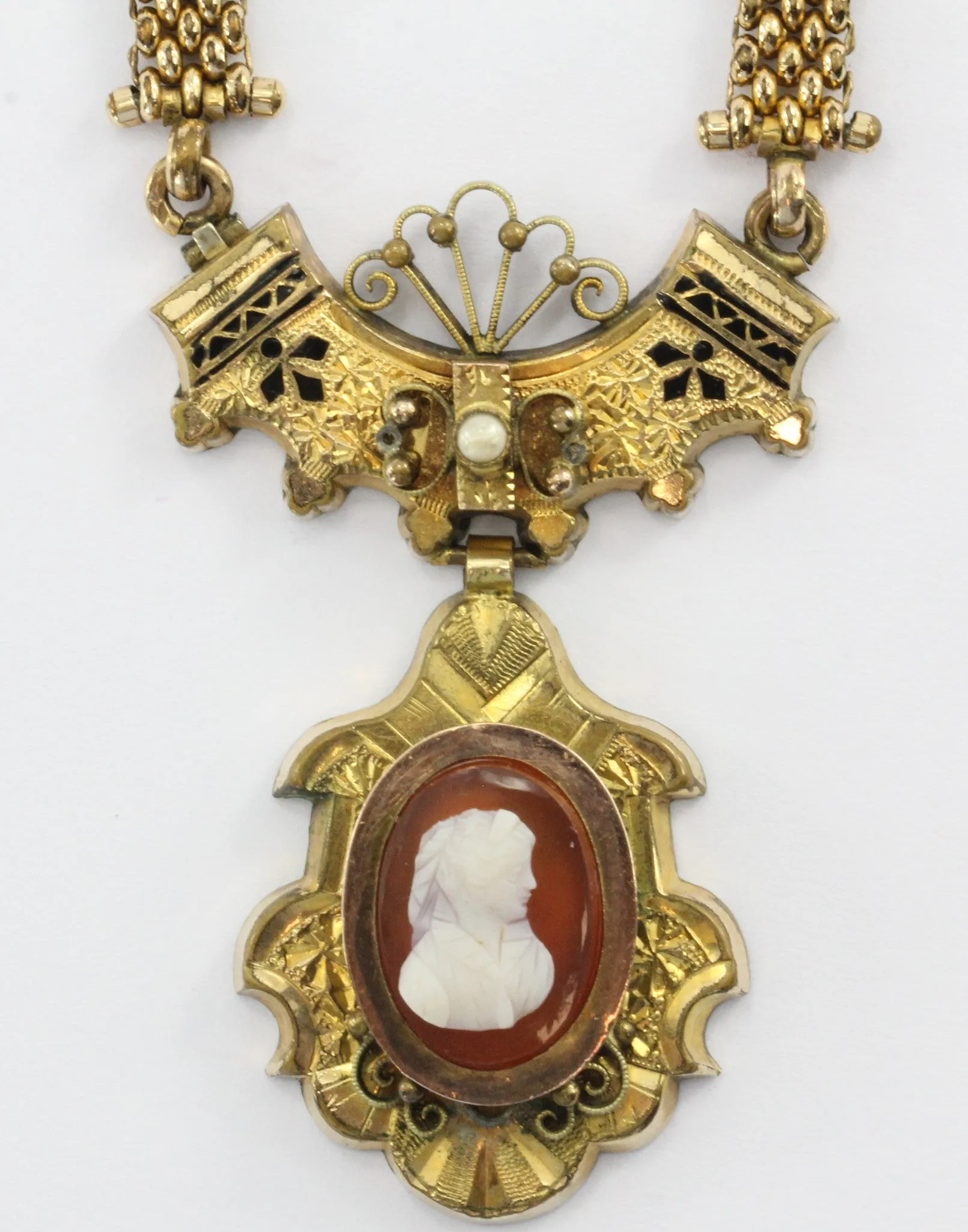 Antique Victorian GF & Enamel Carnelian Cameo Necklace