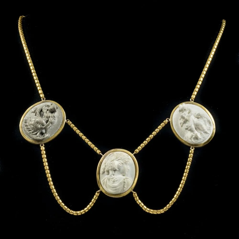 Antique Victorian Lava Cameo Necklace 18Ct Gold Gilt Circa 1860