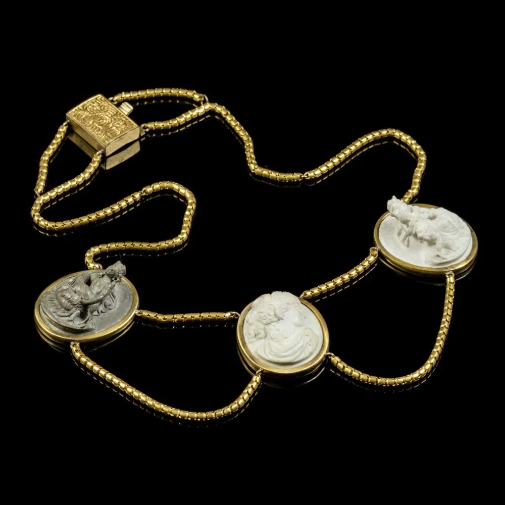 Antique Victorian Lava Cameo Necklace 18Ct Gold Gilt Circa 1860