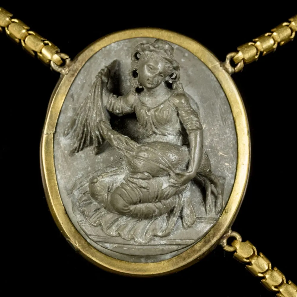 Antique Victorian Lava Cameo Necklace 18Ct Gold Gilt Circa 1860