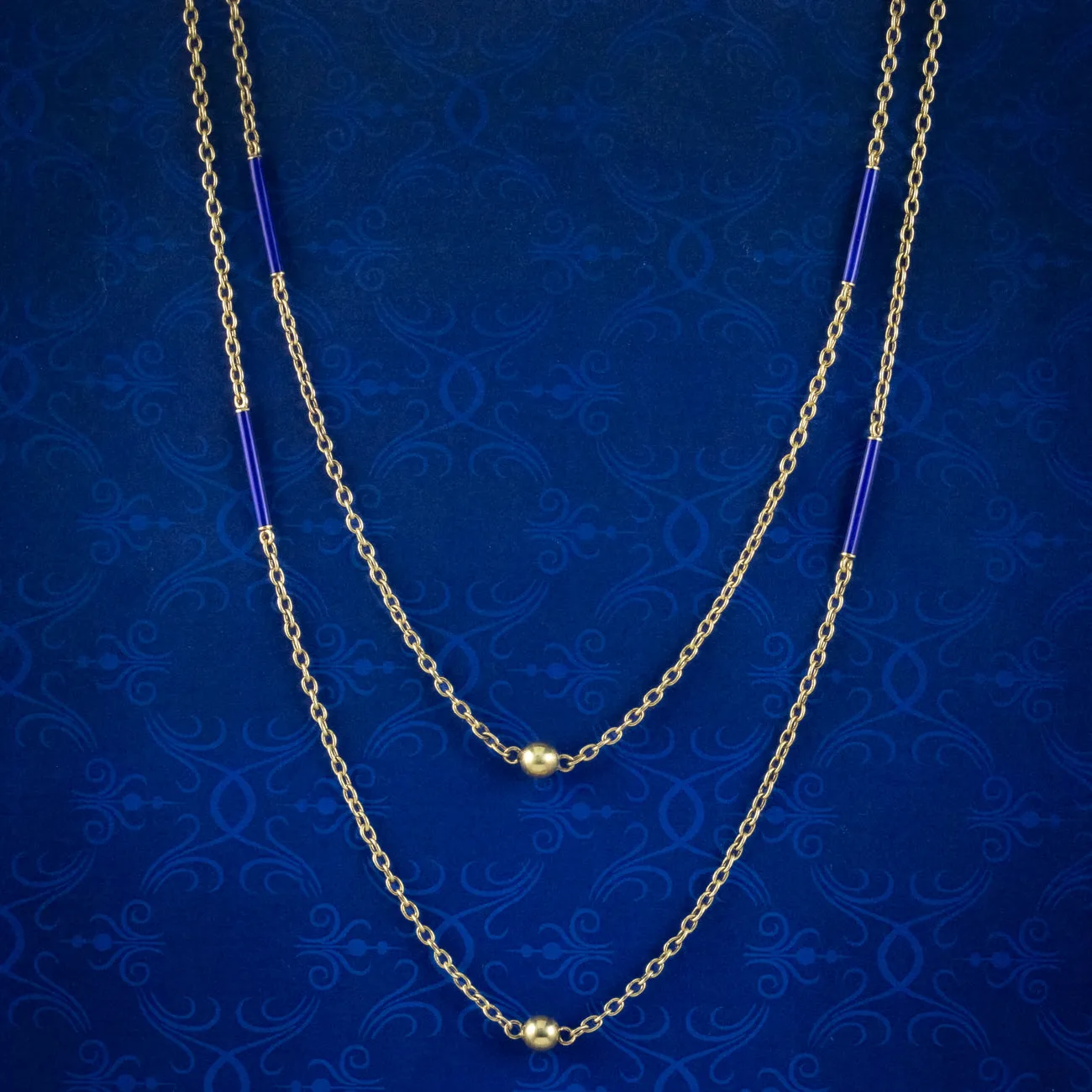 Antique Victorian Long Chain 9ct Gold Blue Enamel