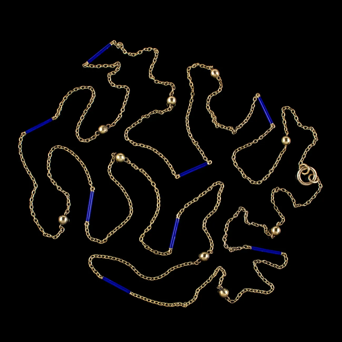 Antique Victorian Long Chain 9ct Gold Blue Enamel