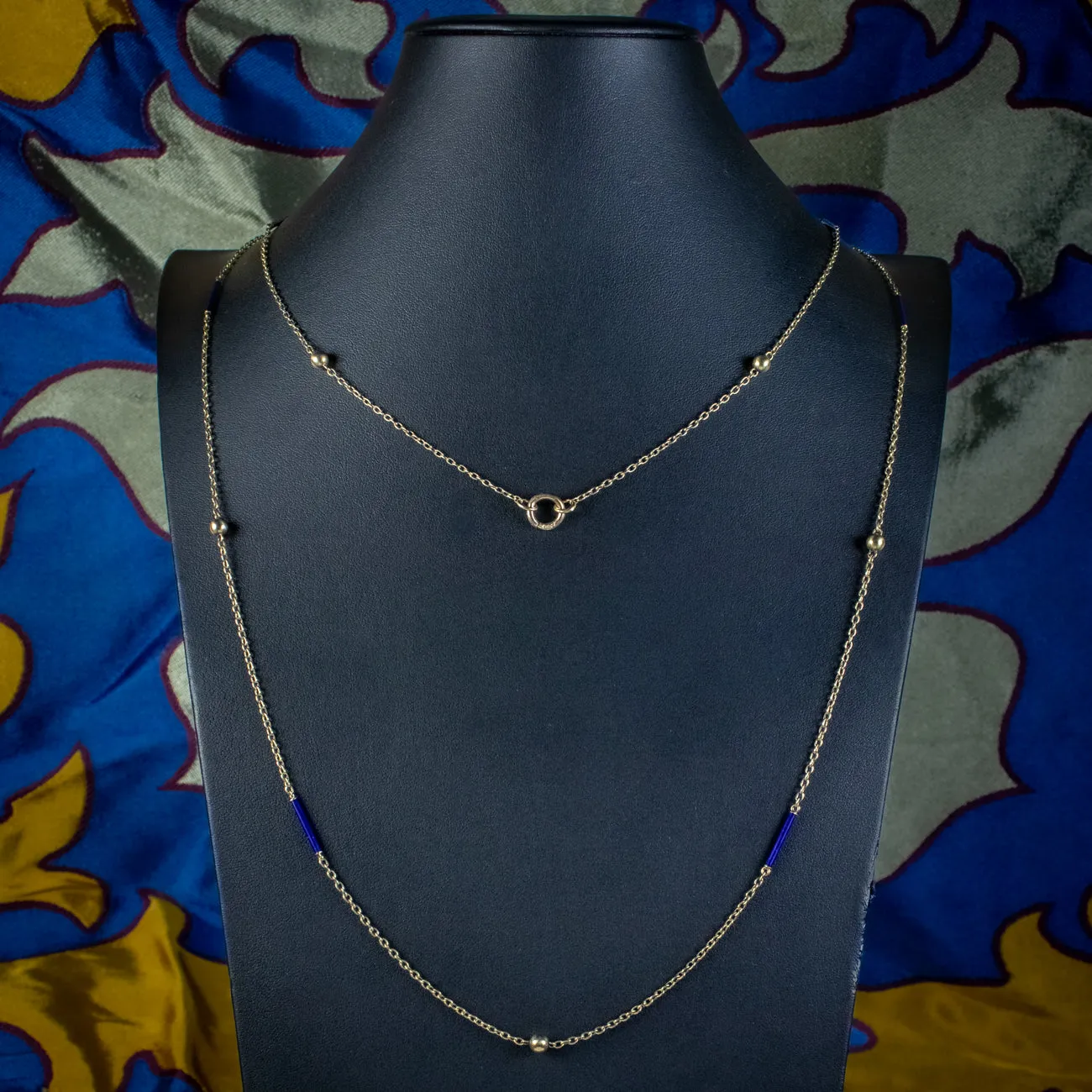 Antique Victorian Long Chain 9ct Gold Blue Enamel