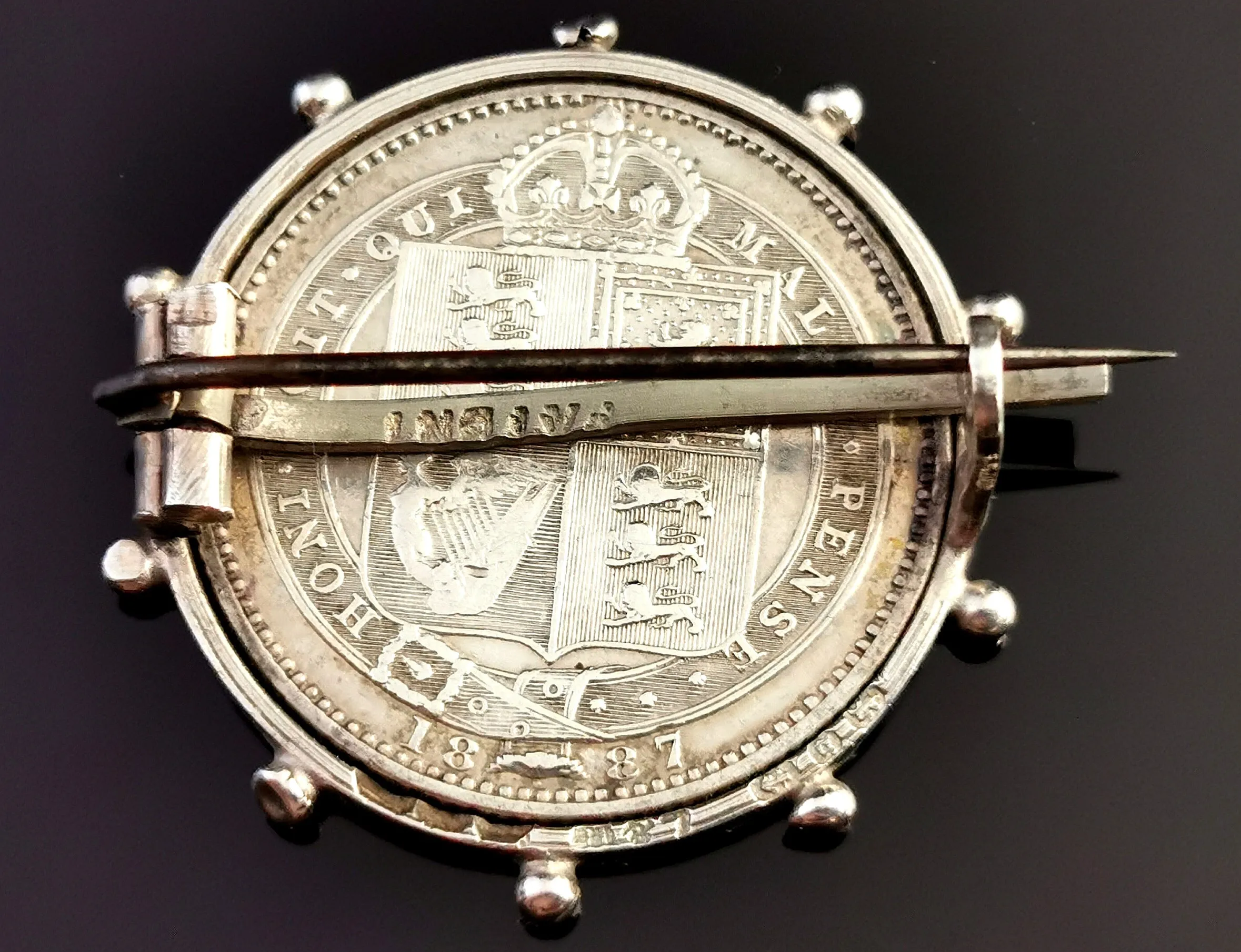 Antique Victorian silver shilling coin brooch, pin