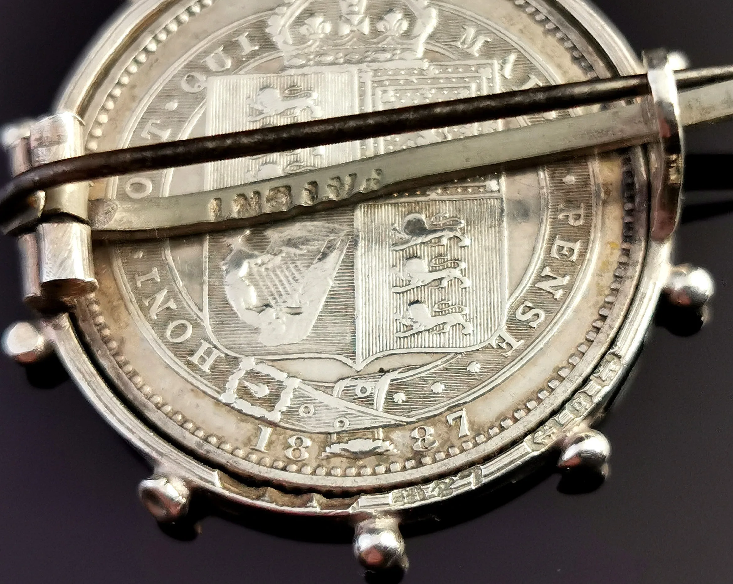Antique Victorian silver shilling coin brooch, pin