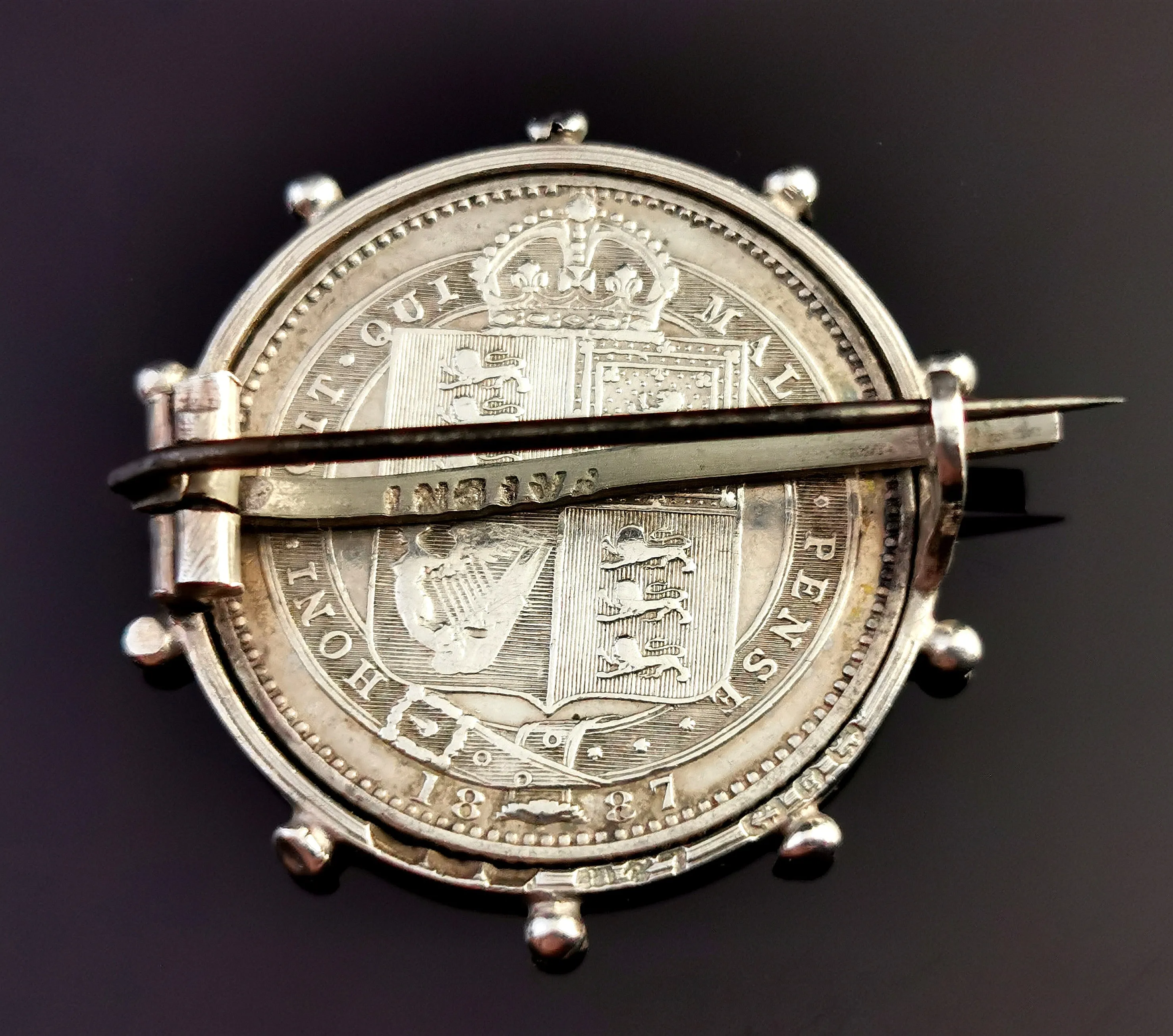 Antique Victorian silver shilling coin brooch, pin