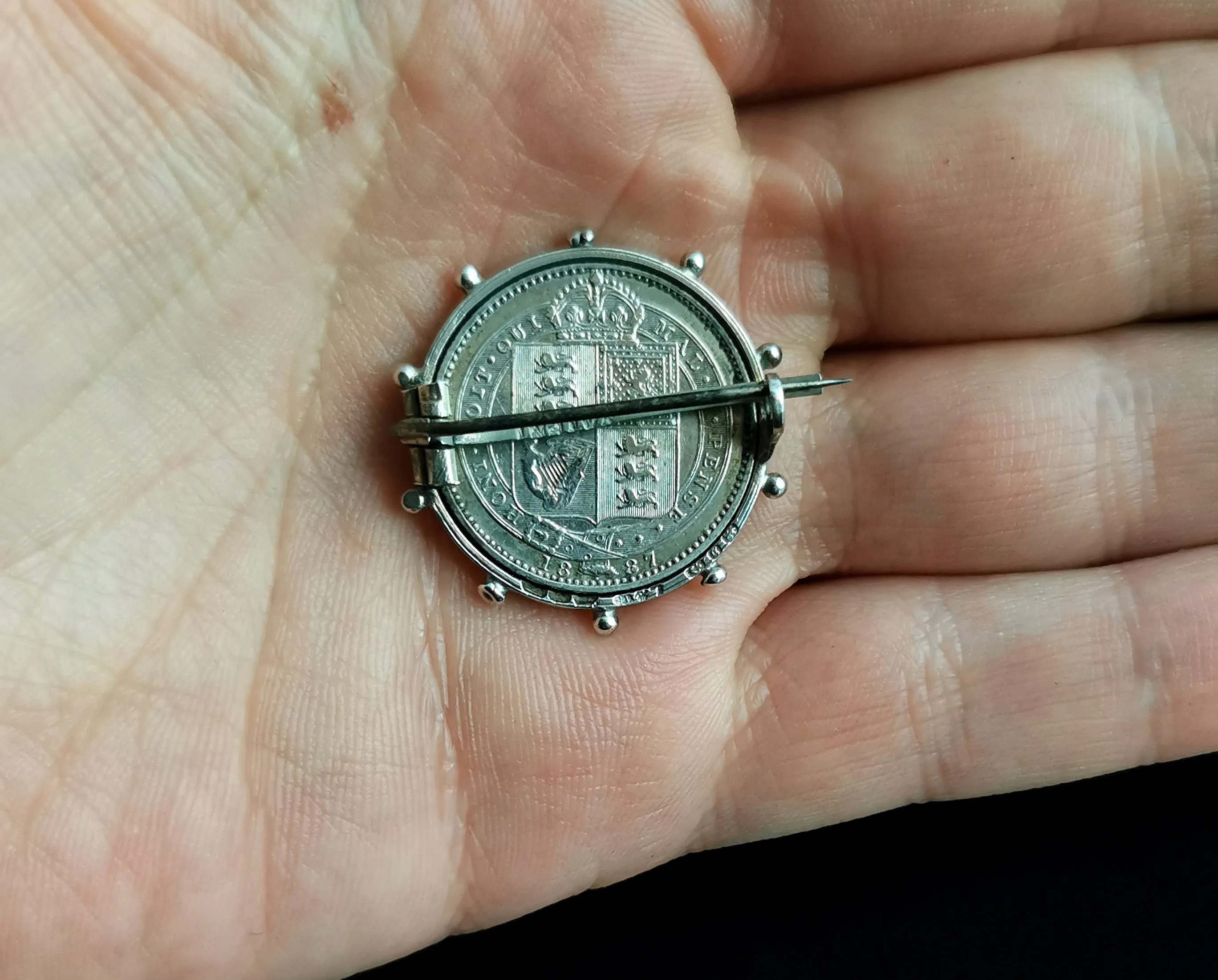 Antique Victorian silver shilling coin brooch, pin