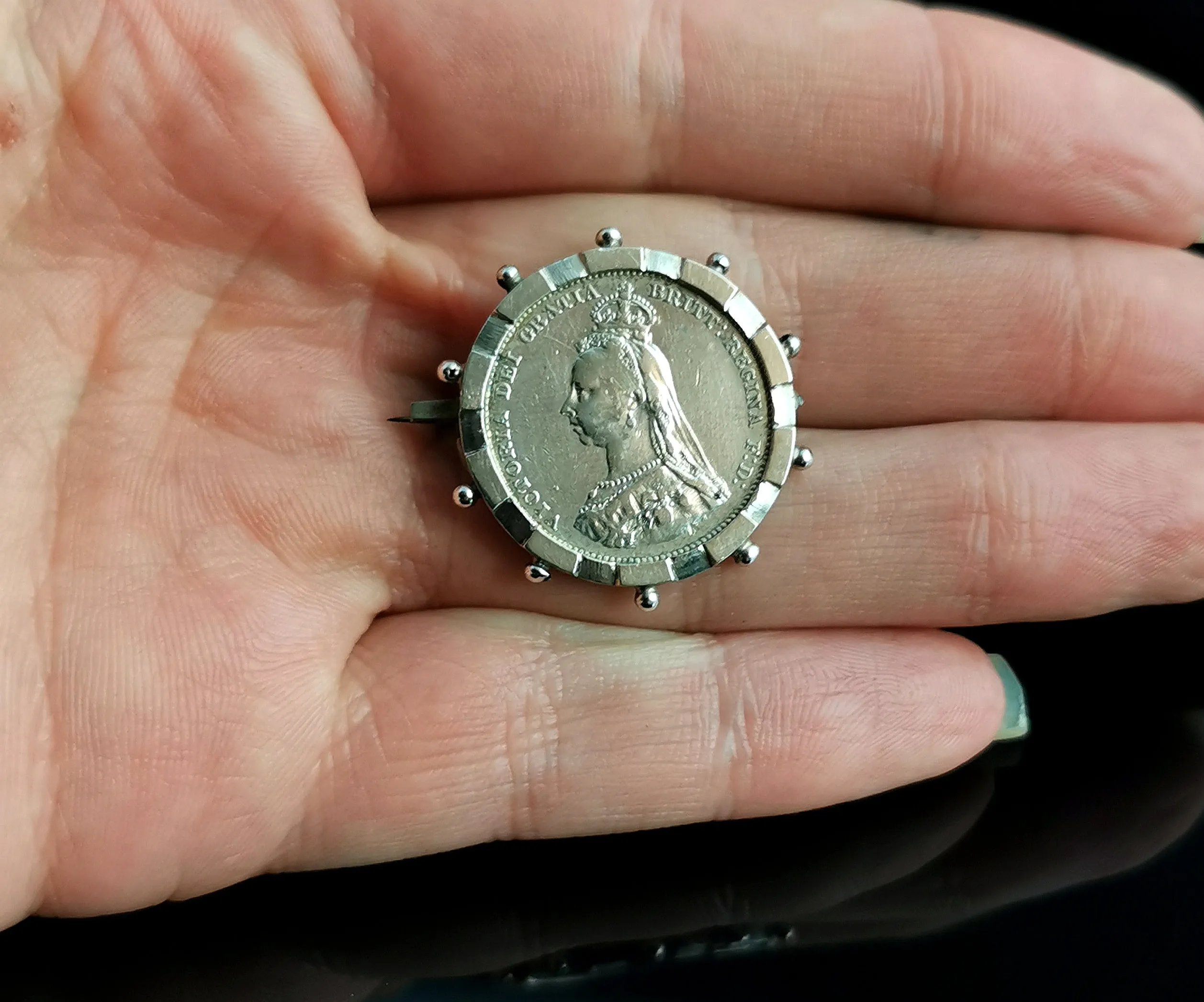 Antique Victorian silver shilling coin brooch, pin