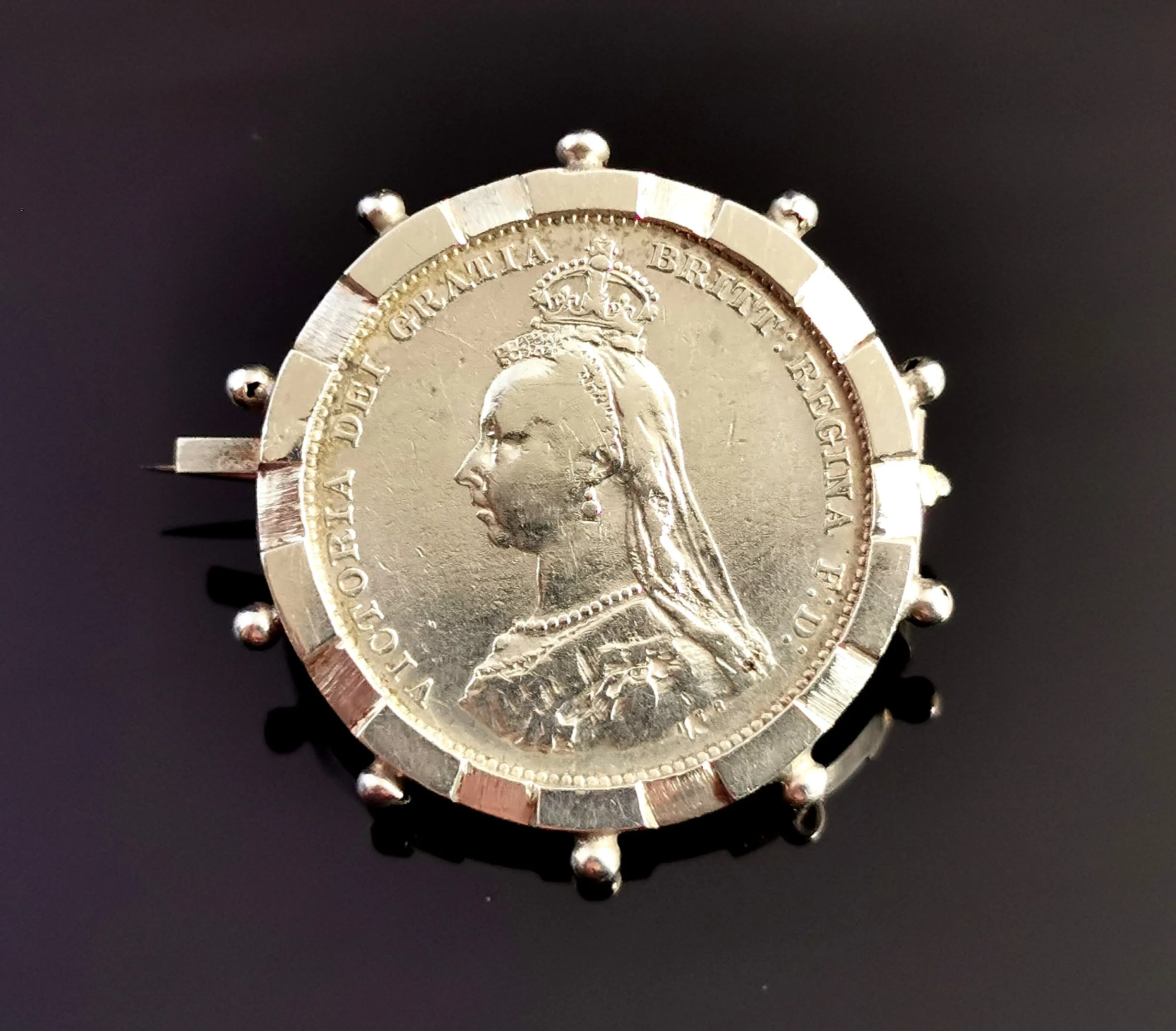 Antique Victorian silver shilling coin brooch, pin