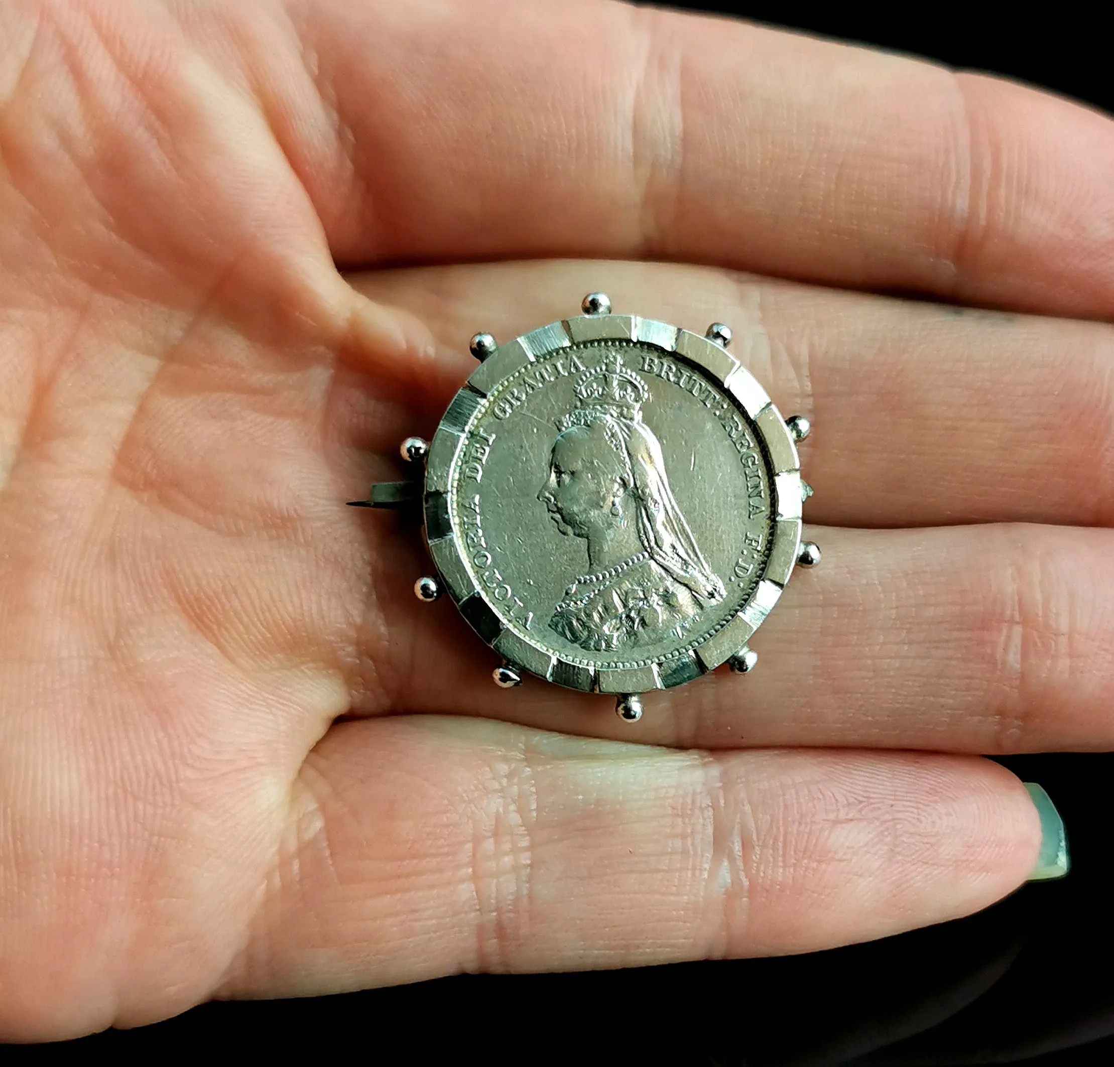 Antique Victorian silver shilling coin brooch, pin