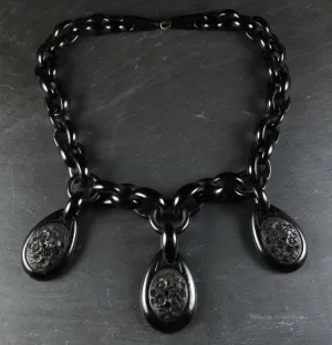 Antique Victorian Whitby Jet Necklace Three Jet Pendants Circa 1860