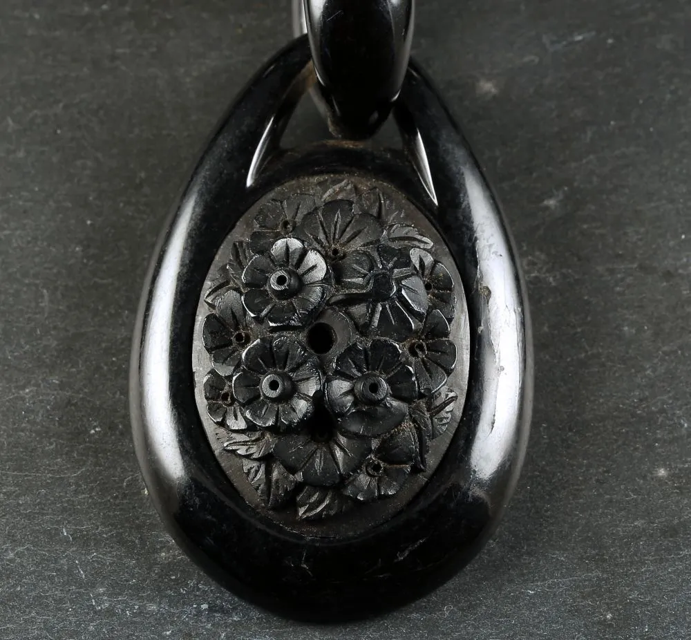 Antique Victorian Whitby Jet Necklace Three Jet Pendants Circa 1860