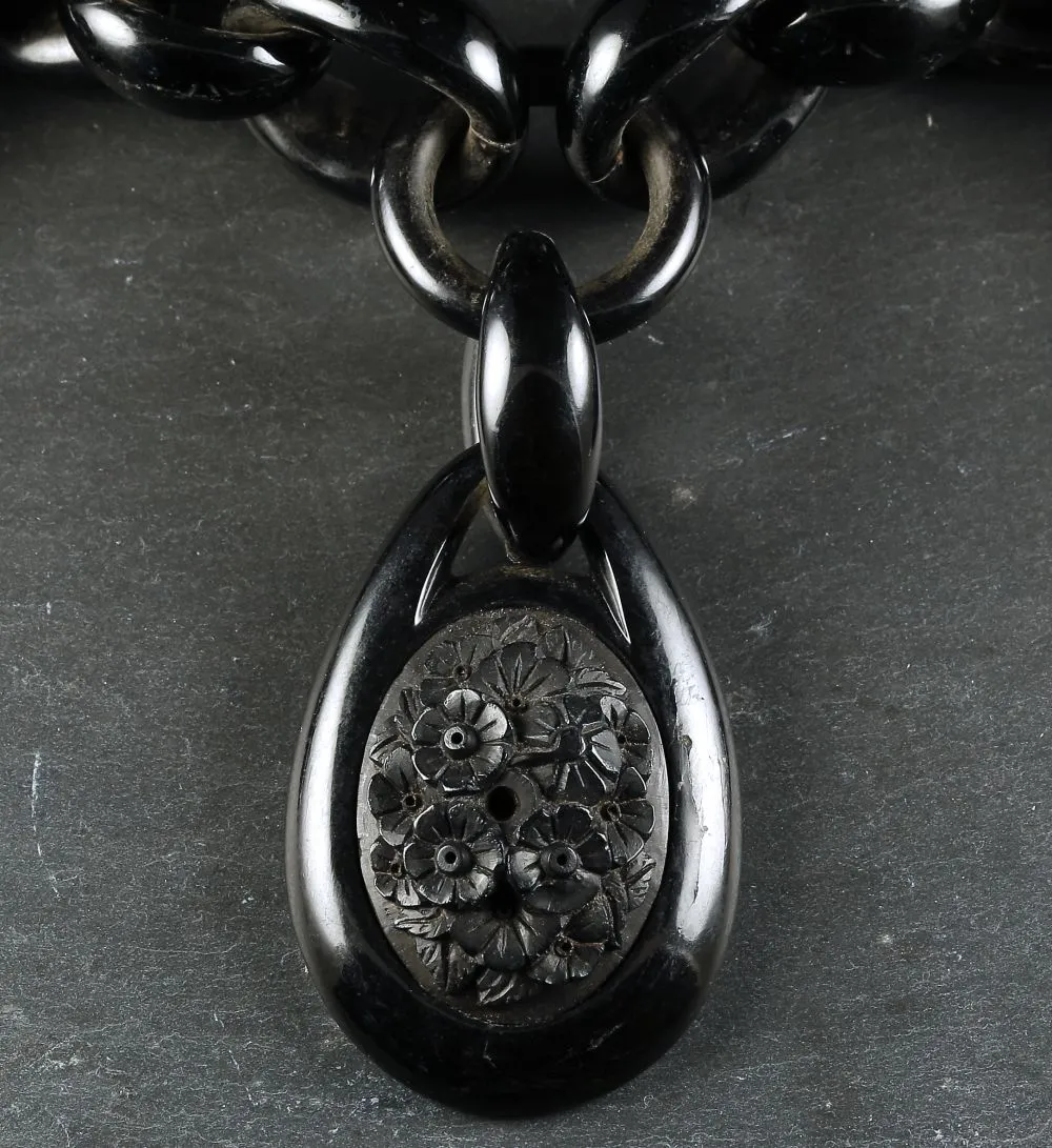 Antique Victorian Whitby Jet Necklace Three Jet Pendants Circa 1860
