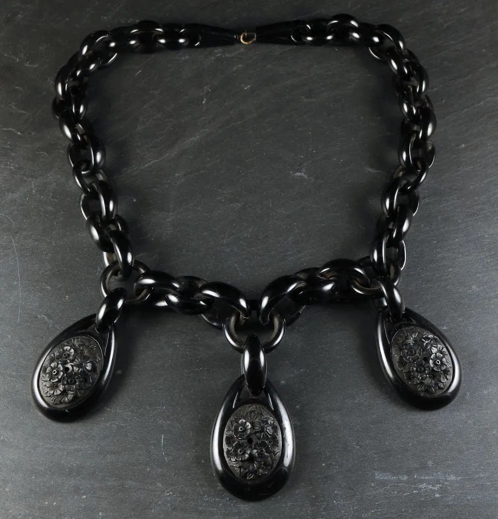 Antique Victorian Whitby Jet Necklace Three Jet Pendants Circa 1860