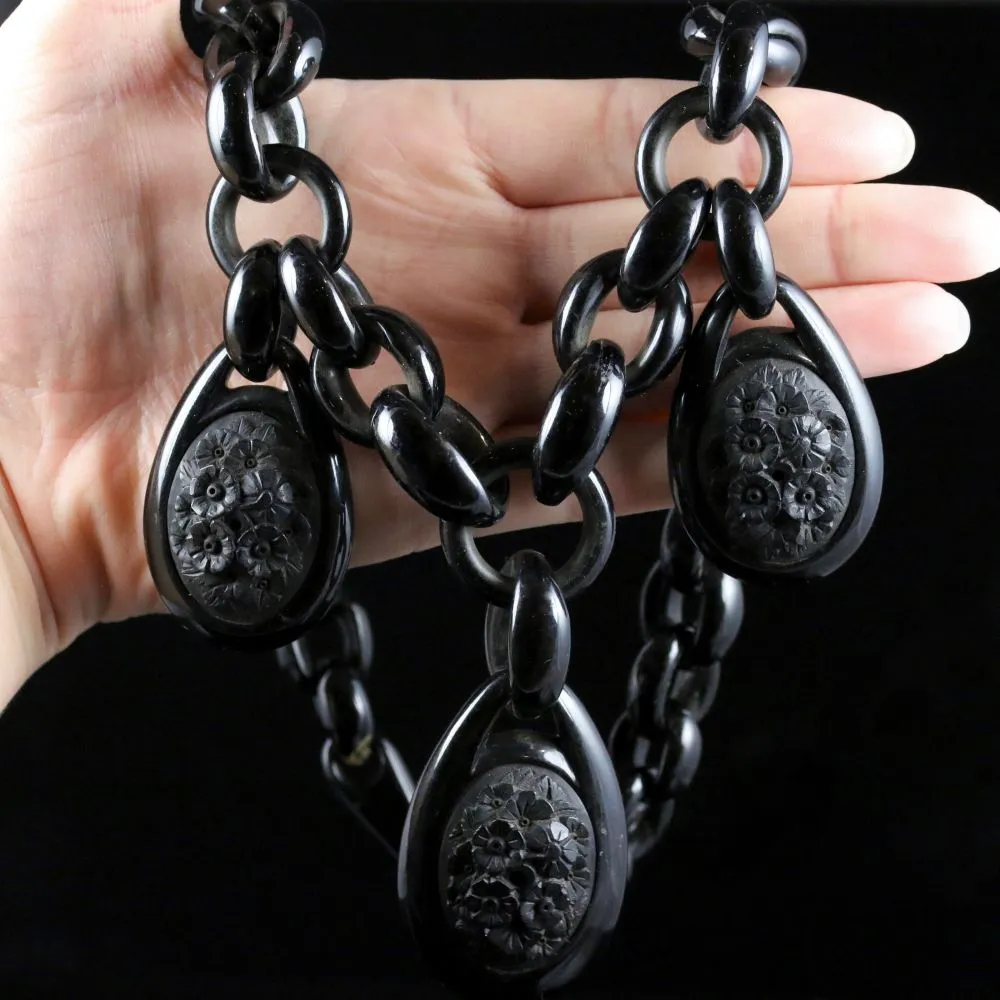 Antique Victorian Whitby Jet Necklace Three Jet Pendants Circa 1860