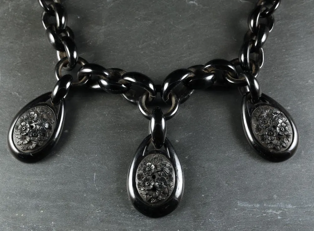 Antique Victorian Whitby Jet Necklace Three Jet Pendants Circa 1860
