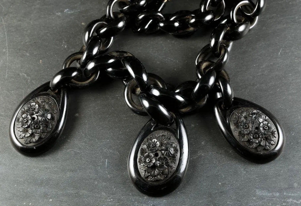 Antique Victorian Whitby Jet Necklace Three Jet Pendants Circa 1860