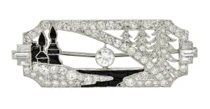 Art Deco 2.63 CTW Diamond Onyx Platinum Antique Horizon Brooch