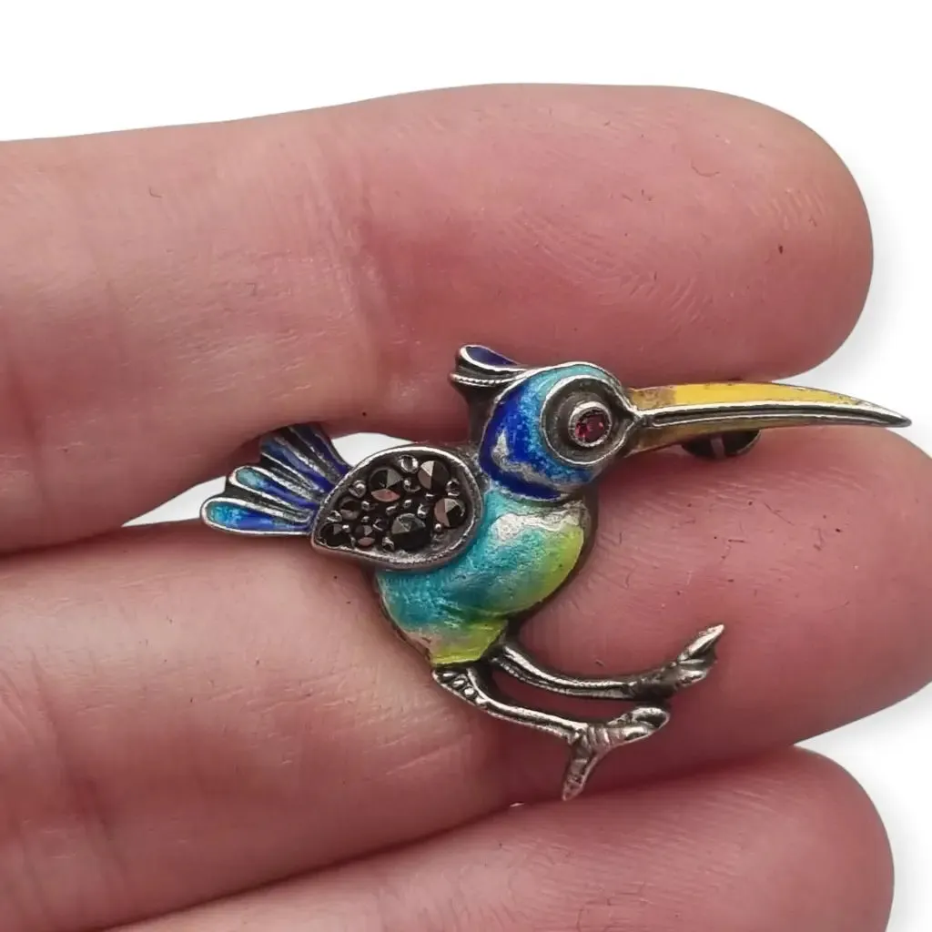 Art Deco enamelled 935 silver exotic bird brooch, circa 1930.