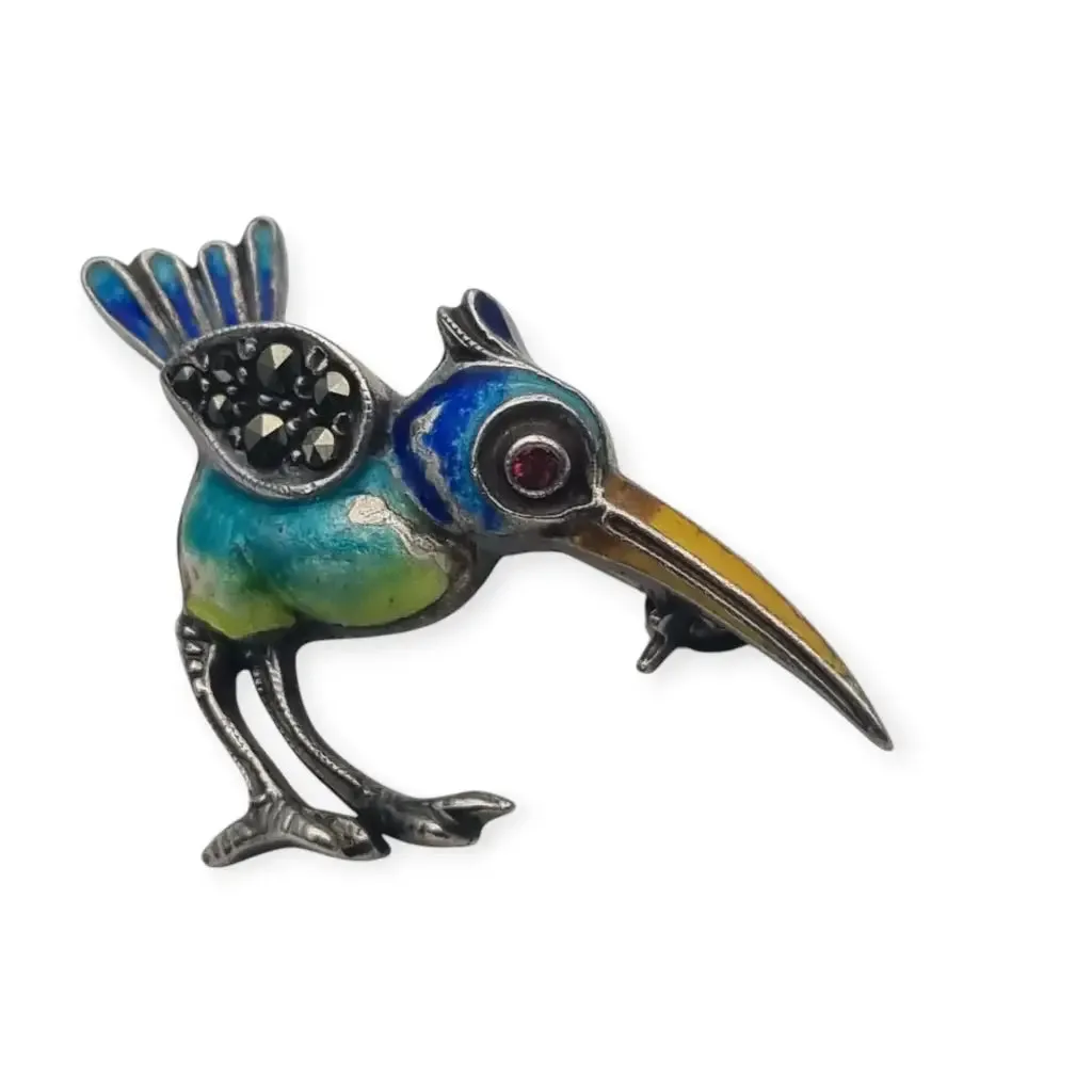 Art Deco enamelled 935 silver exotic bird brooch, circa 1930.