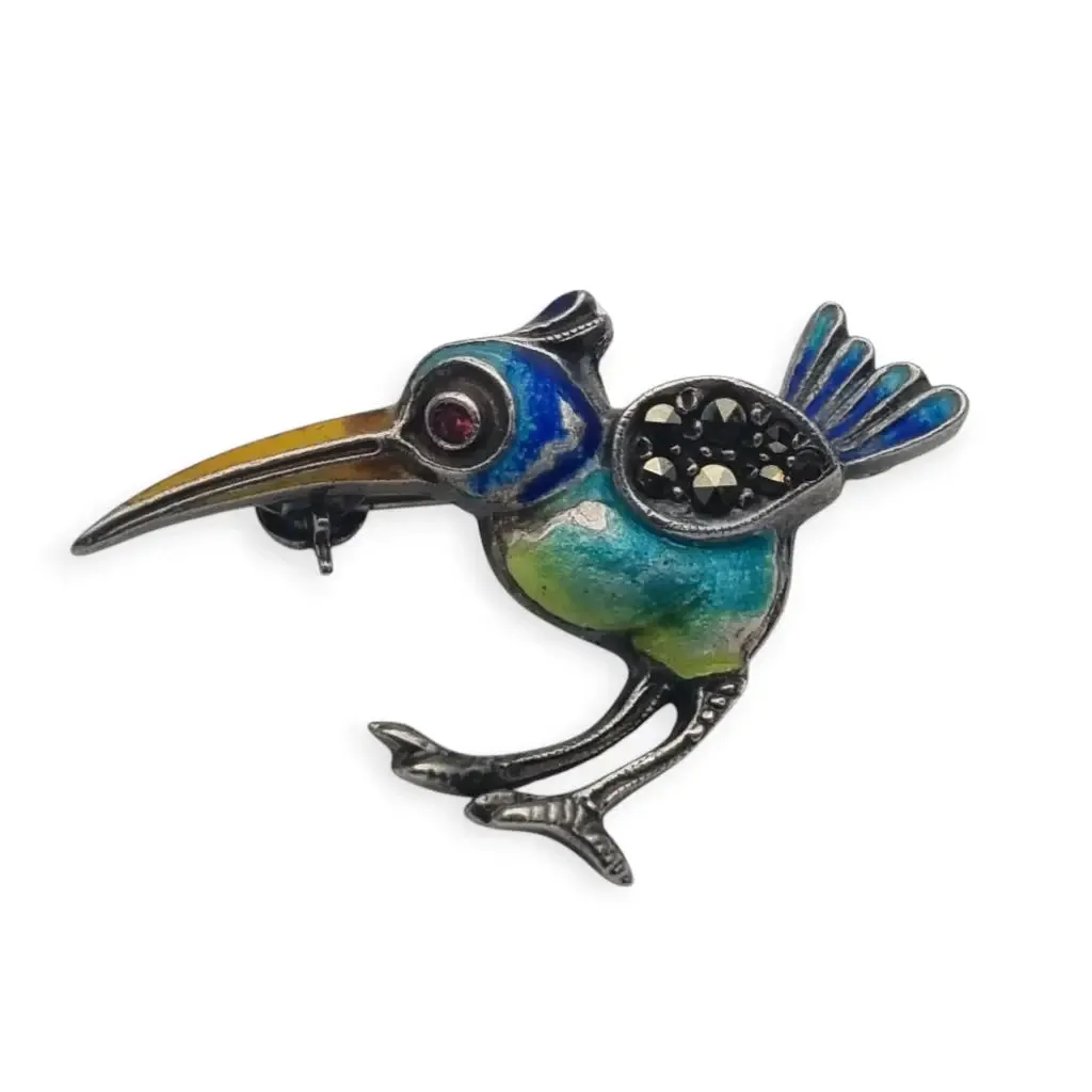 Art Deco enamelled 935 silver exotic bird brooch, circa 1930.