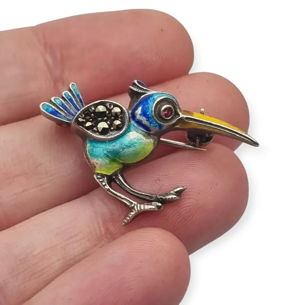 Art Deco enamelled 935 silver exotic bird brooch, circa 1930.