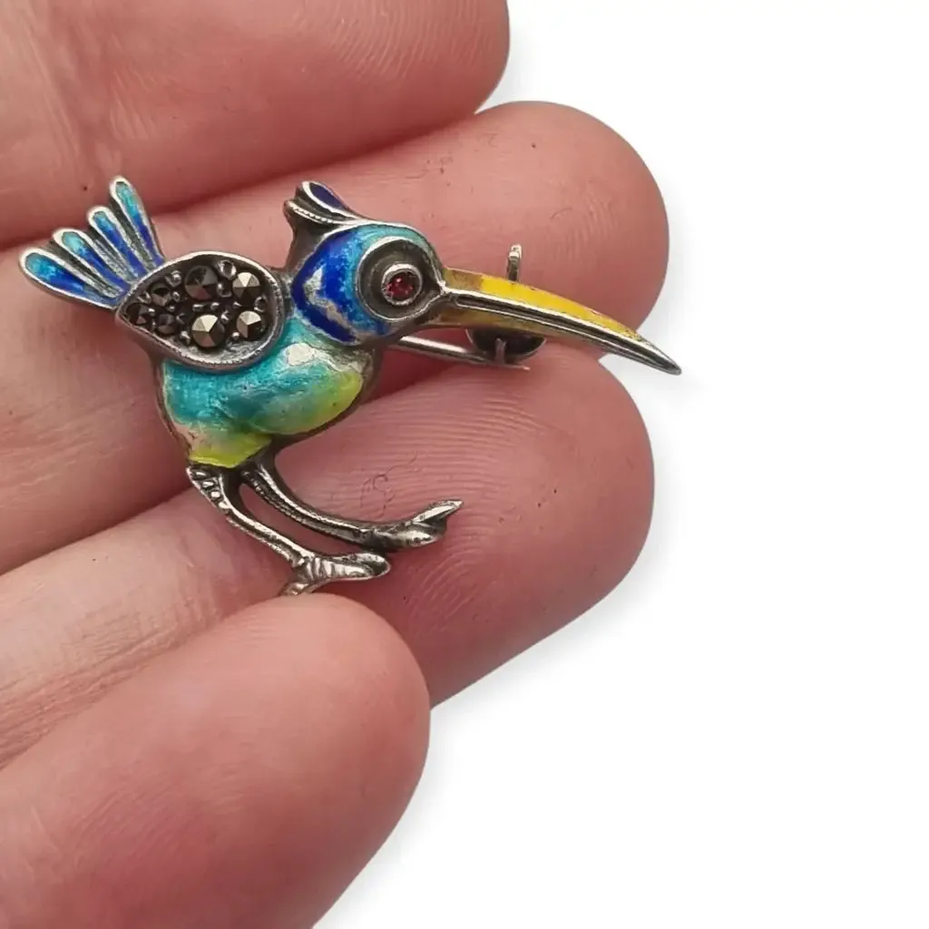 Art Deco enamelled 935 silver exotic bird brooch, circa 1930.
