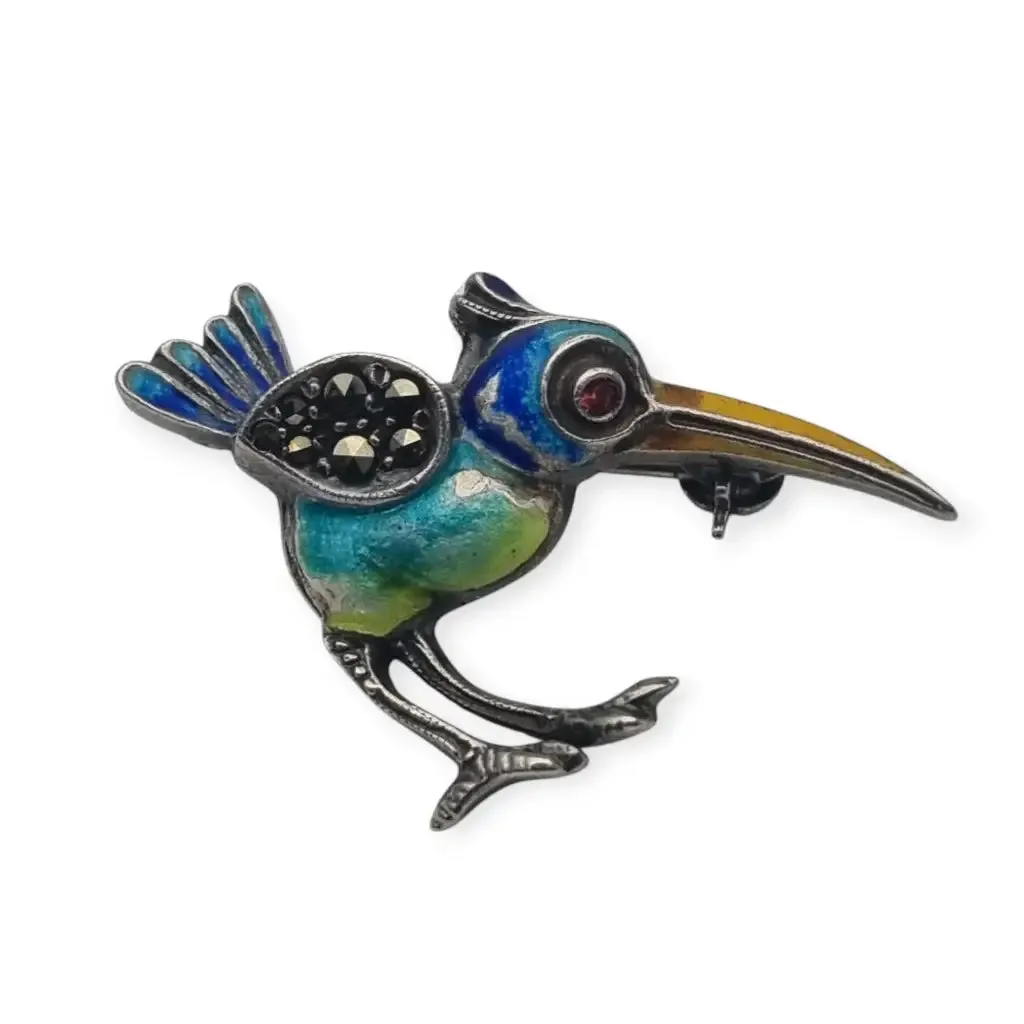 Art Deco enamelled 935 silver exotic bird brooch, circa 1930.