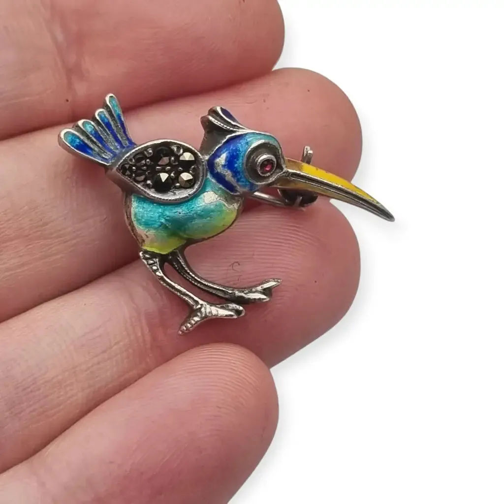 Art Deco enamelled 935 silver exotic bird brooch, circa 1930.