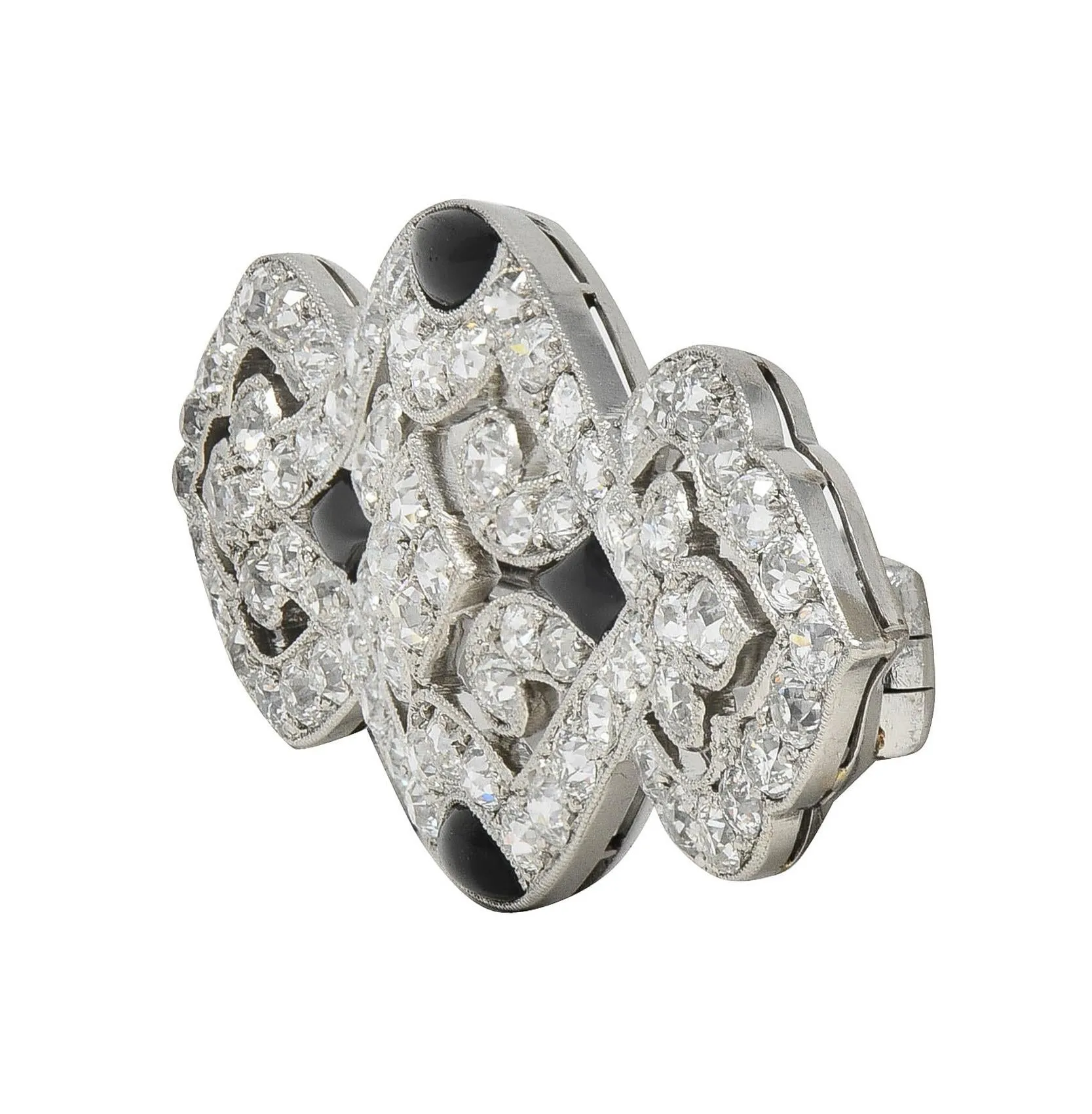 Art Deco French 3.20 CTW European Cut Diamond Onyx Platinum Pierced Vintage Brooch