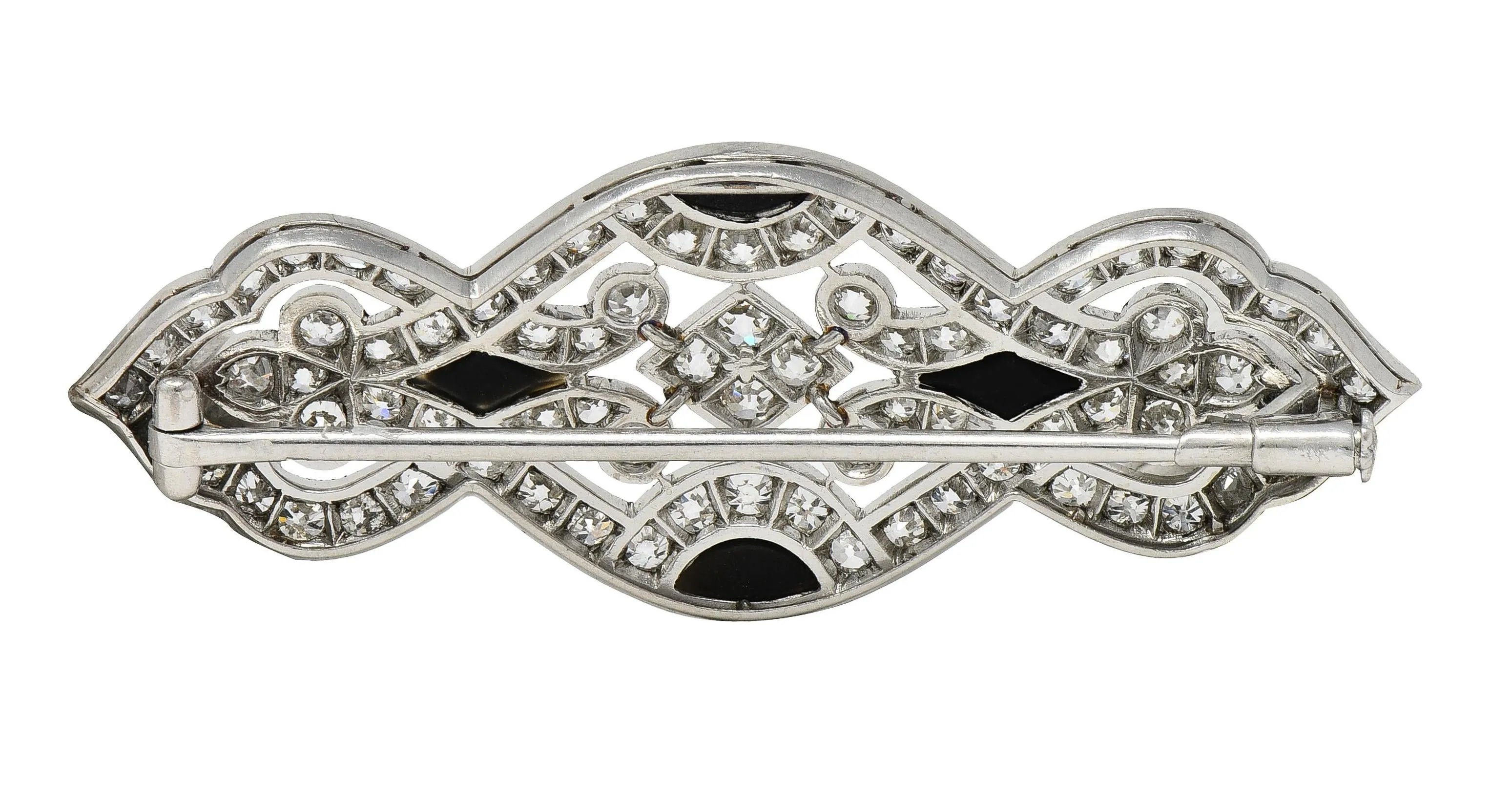 Art Deco French 3.20 CTW European Cut Diamond Onyx Platinum Pierced Vintage Brooch