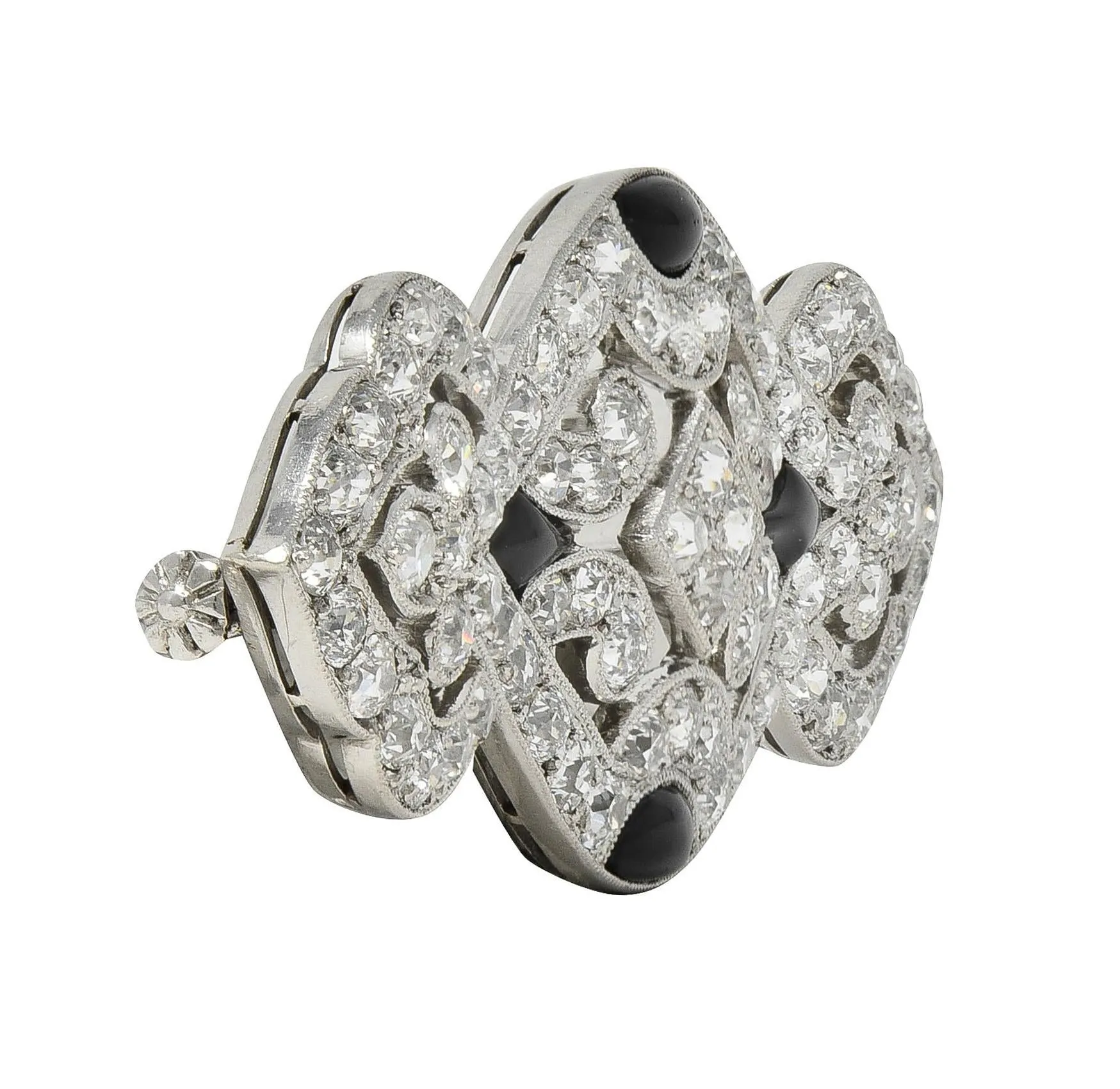 Art Deco French 3.20 CTW European Cut Diamond Onyx Platinum Pierced Vintage Brooch