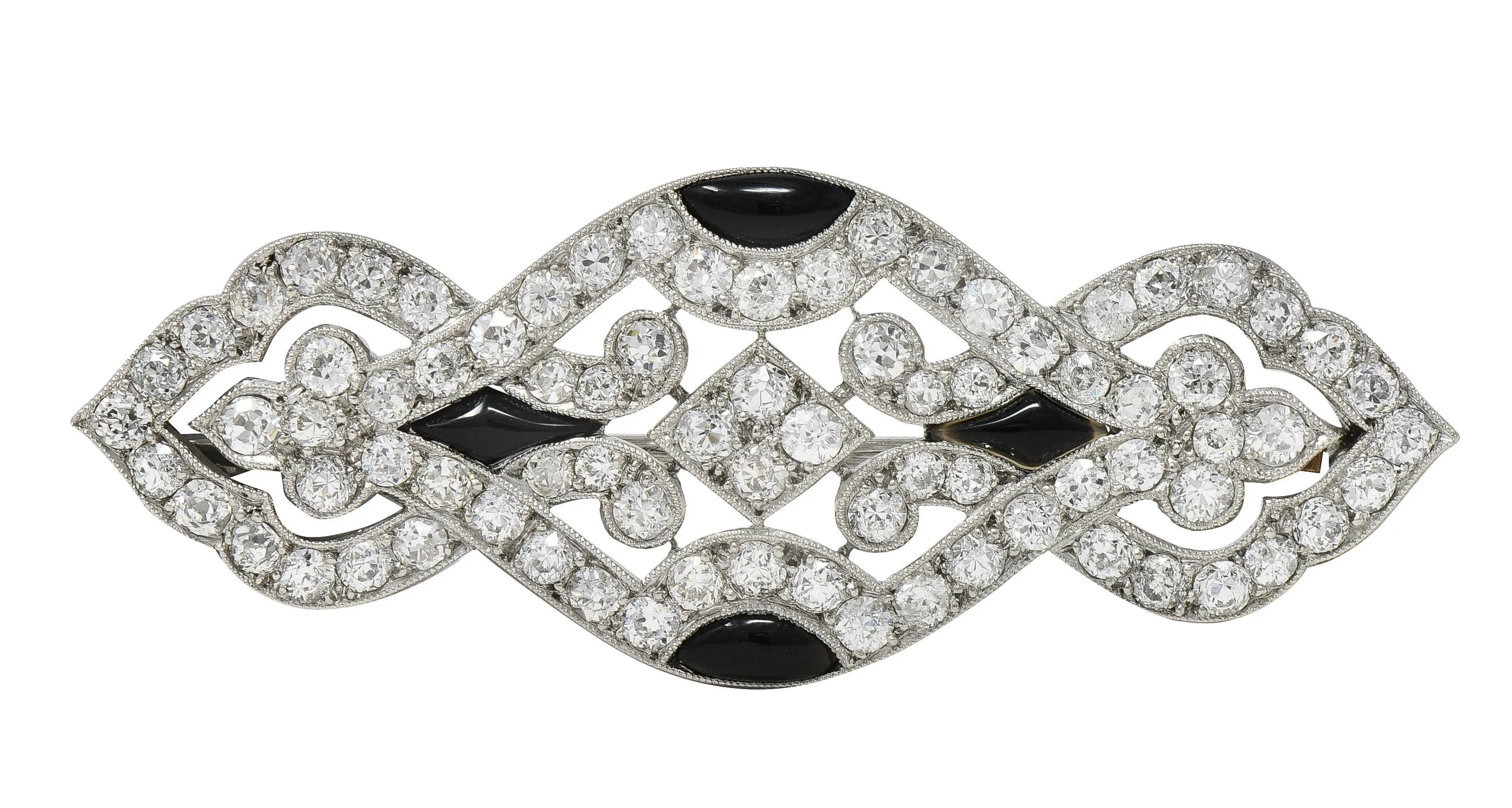 Art Deco French 3.20 CTW European Cut Diamond Onyx Platinum Pierced Vintage Brooch