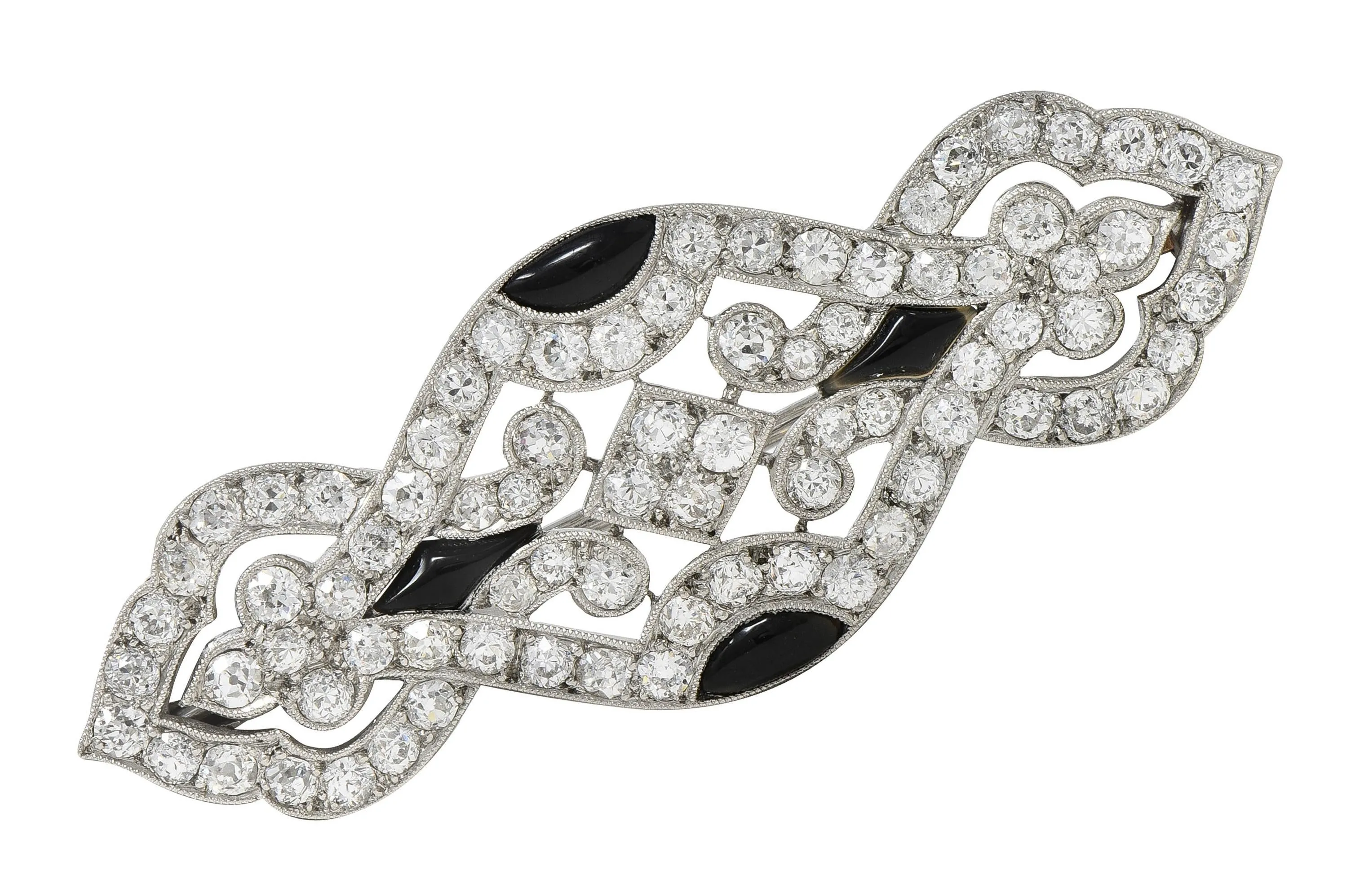 Art Deco French 3.20 CTW European Cut Diamond Onyx Platinum Pierced Vintage Brooch