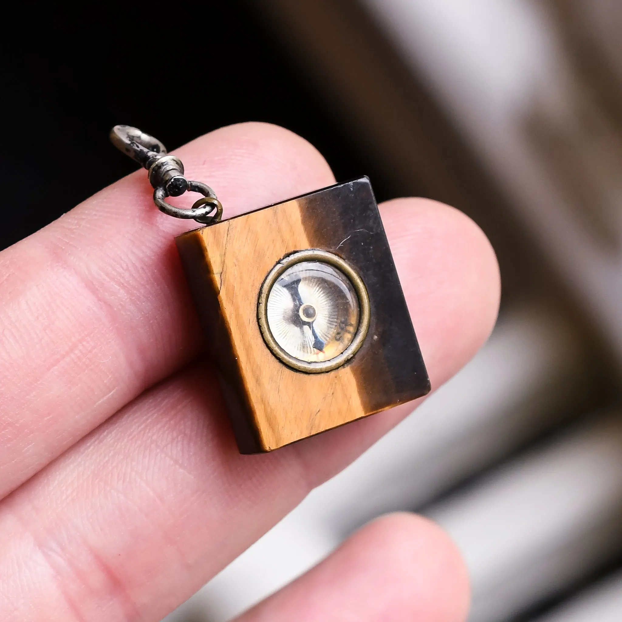 Art Deco Tiger's Eye Book Compass Pendant