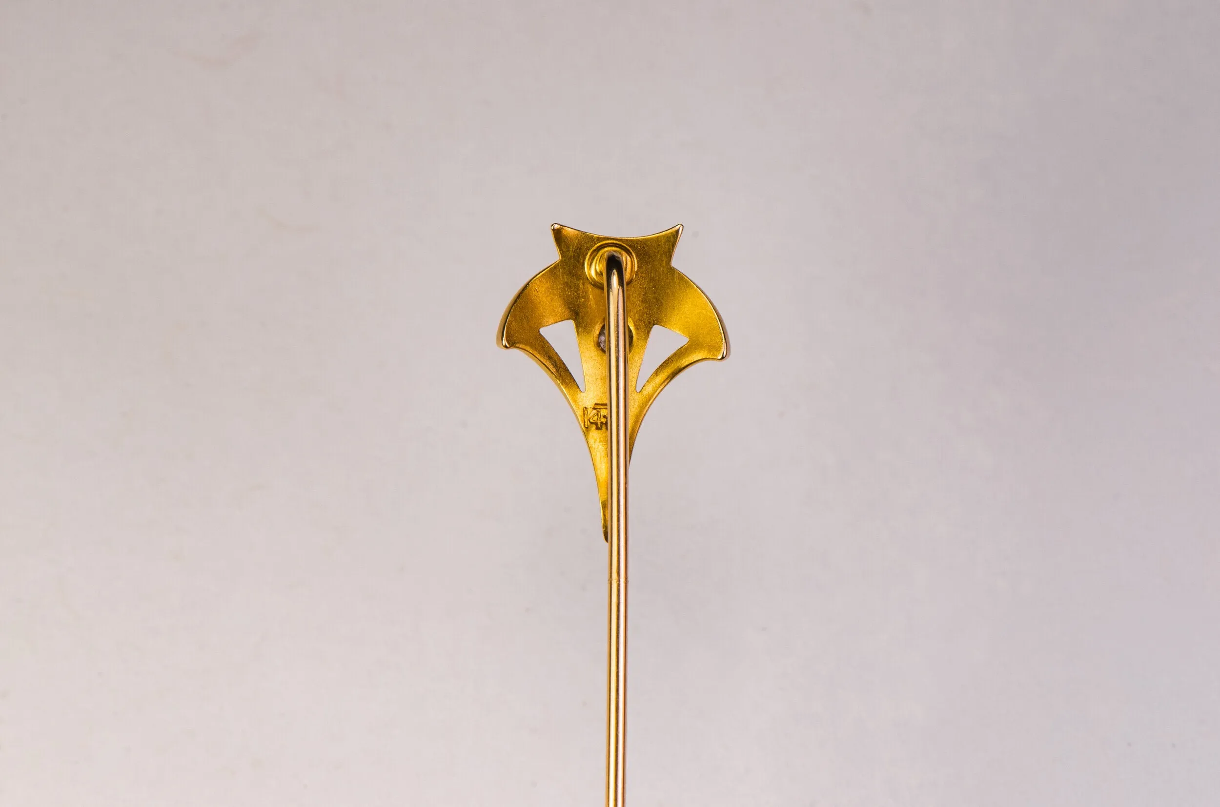 Art Nouveau 14k 0.04 CT Diamond & Lustrous Pearl Geometric Triangular Stick Pin