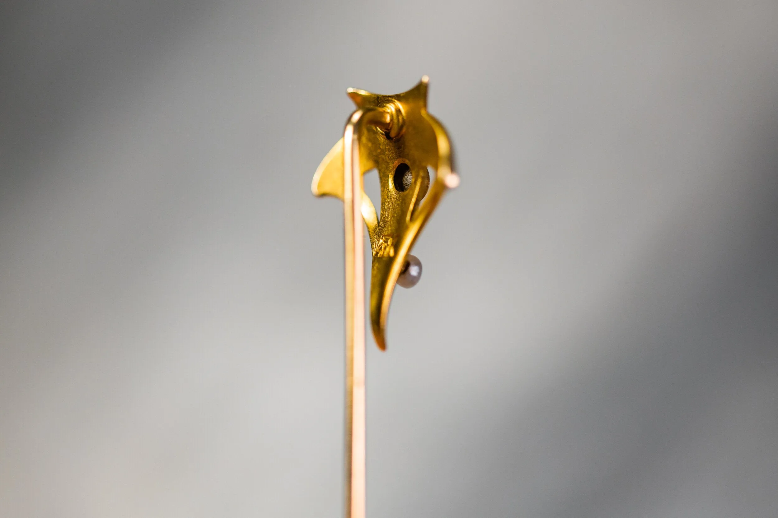 Art Nouveau 14k 0.04 CT Diamond & Lustrous Pearl Geometric Triangular Stick Pin