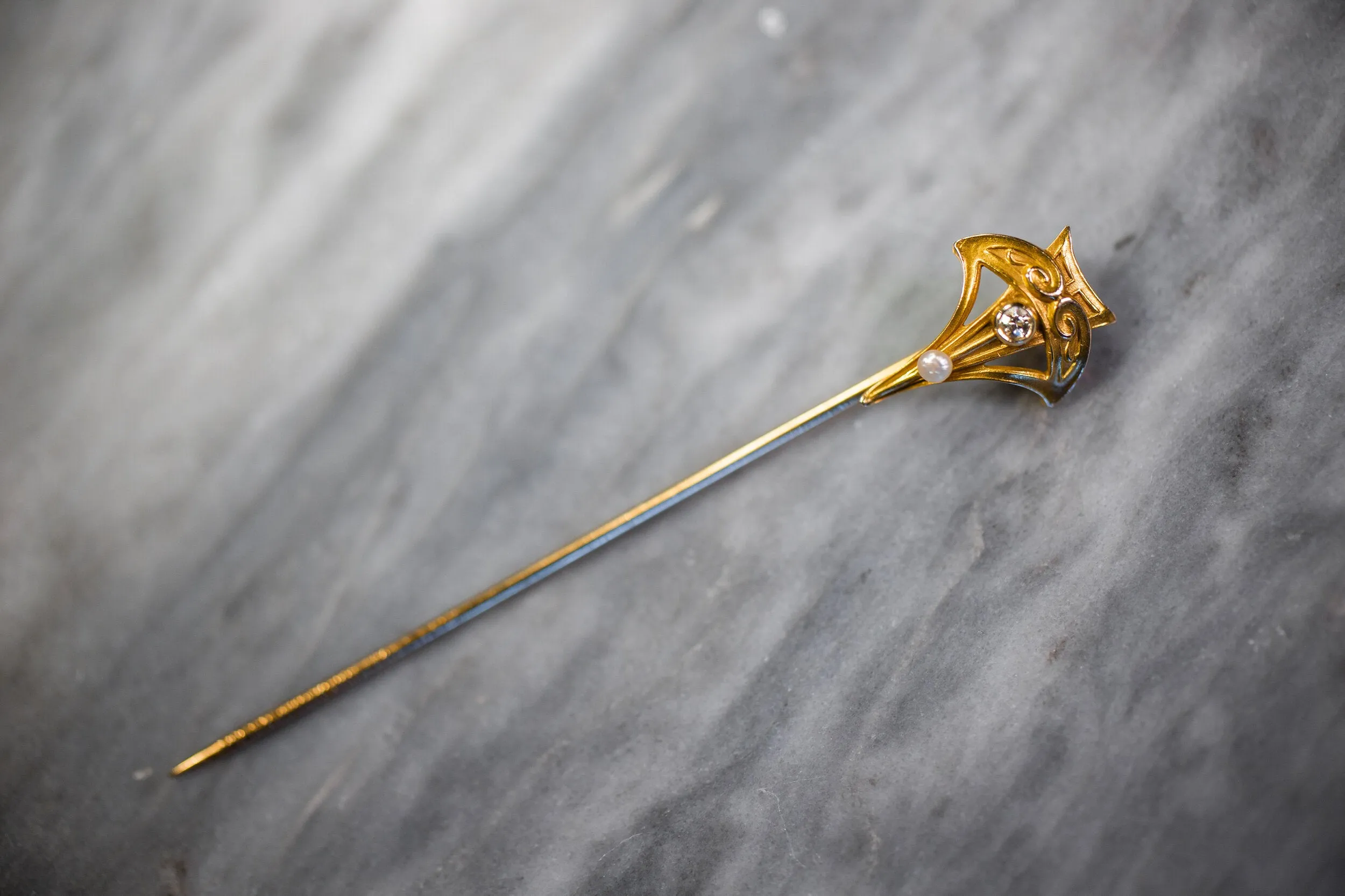 Art Nouveau 14k 0.04 CT Diamond & Lustrous Pearl Geometric Triangular Stick Pin