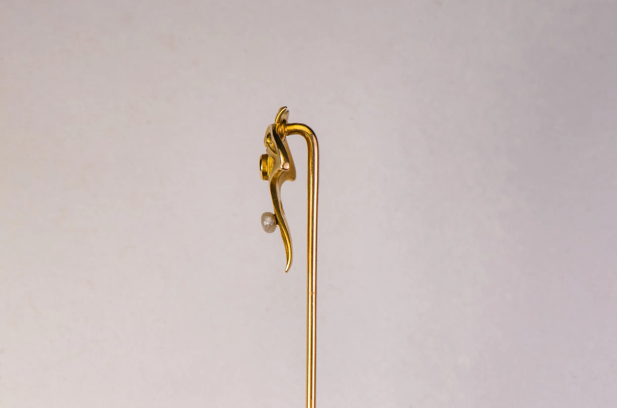 Art Nouveau 14k 0.04 CT Diamond & Lustrous Pearl Geometric Triangular Stick Pin