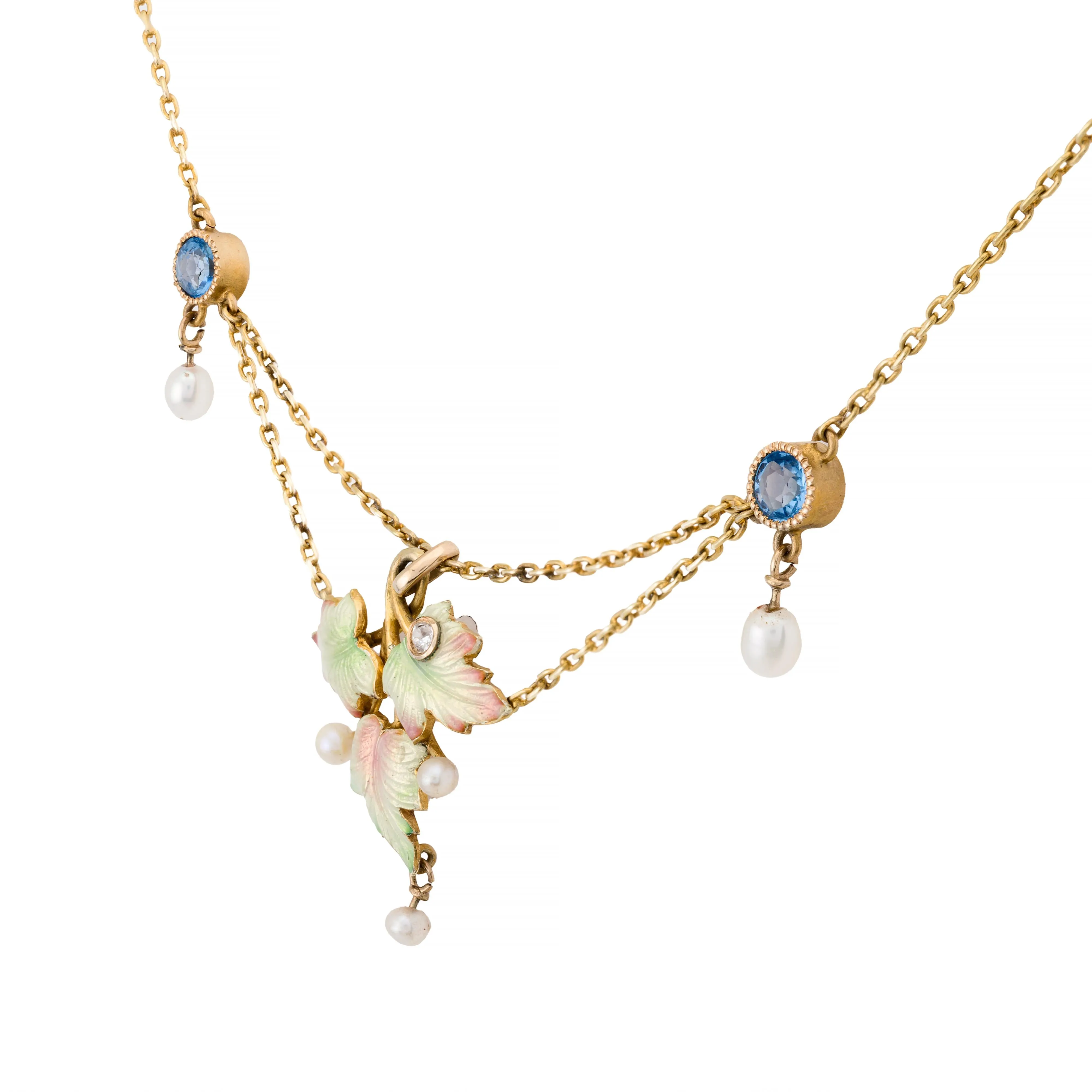 Art Nouveau Enamel Leaf Motif, Yogo Sapphire, & Diamond Festoon Necklace