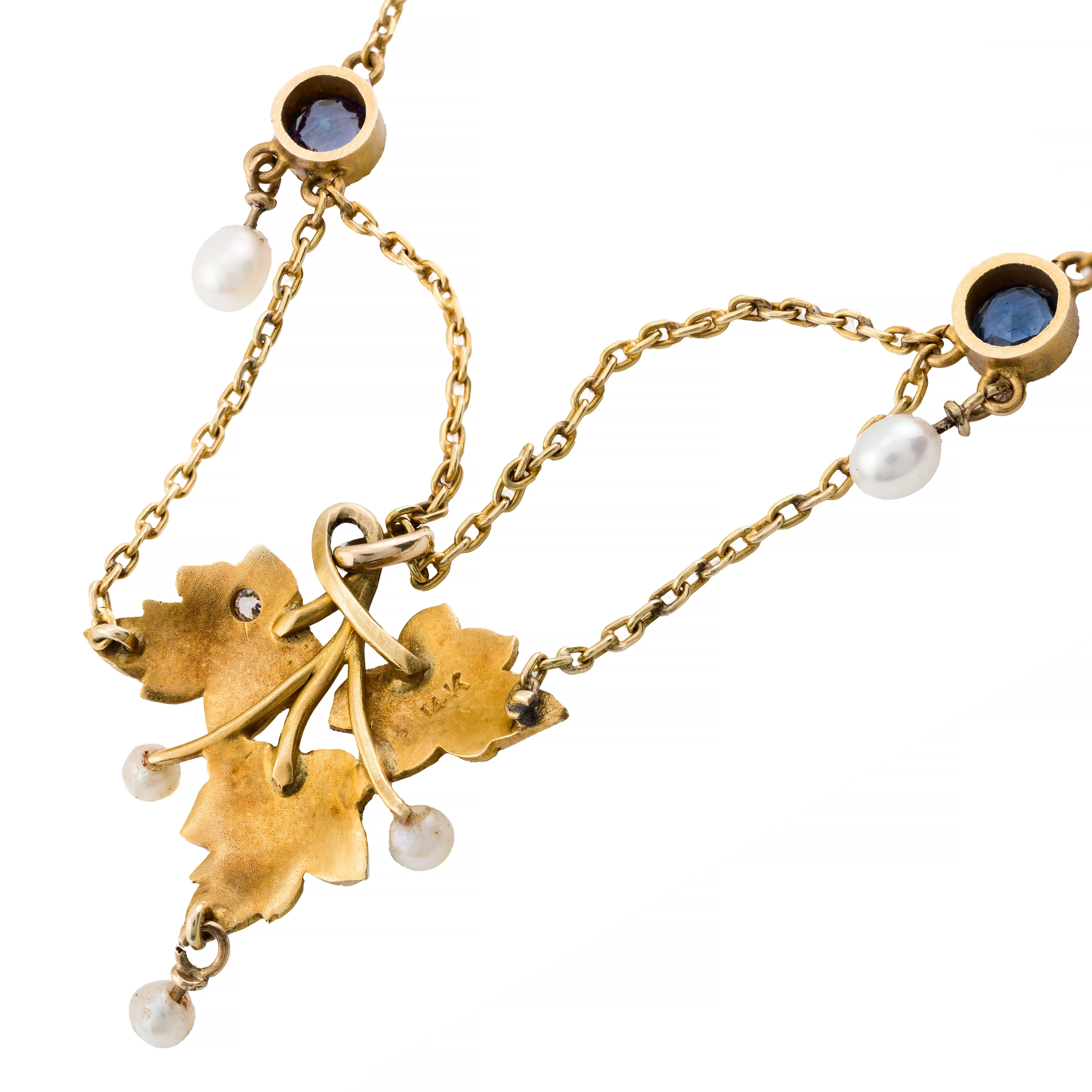 Art Nouveau Enamel Leaf Motif, Yogo Sapphire, & Diamond Festoon Necklace
