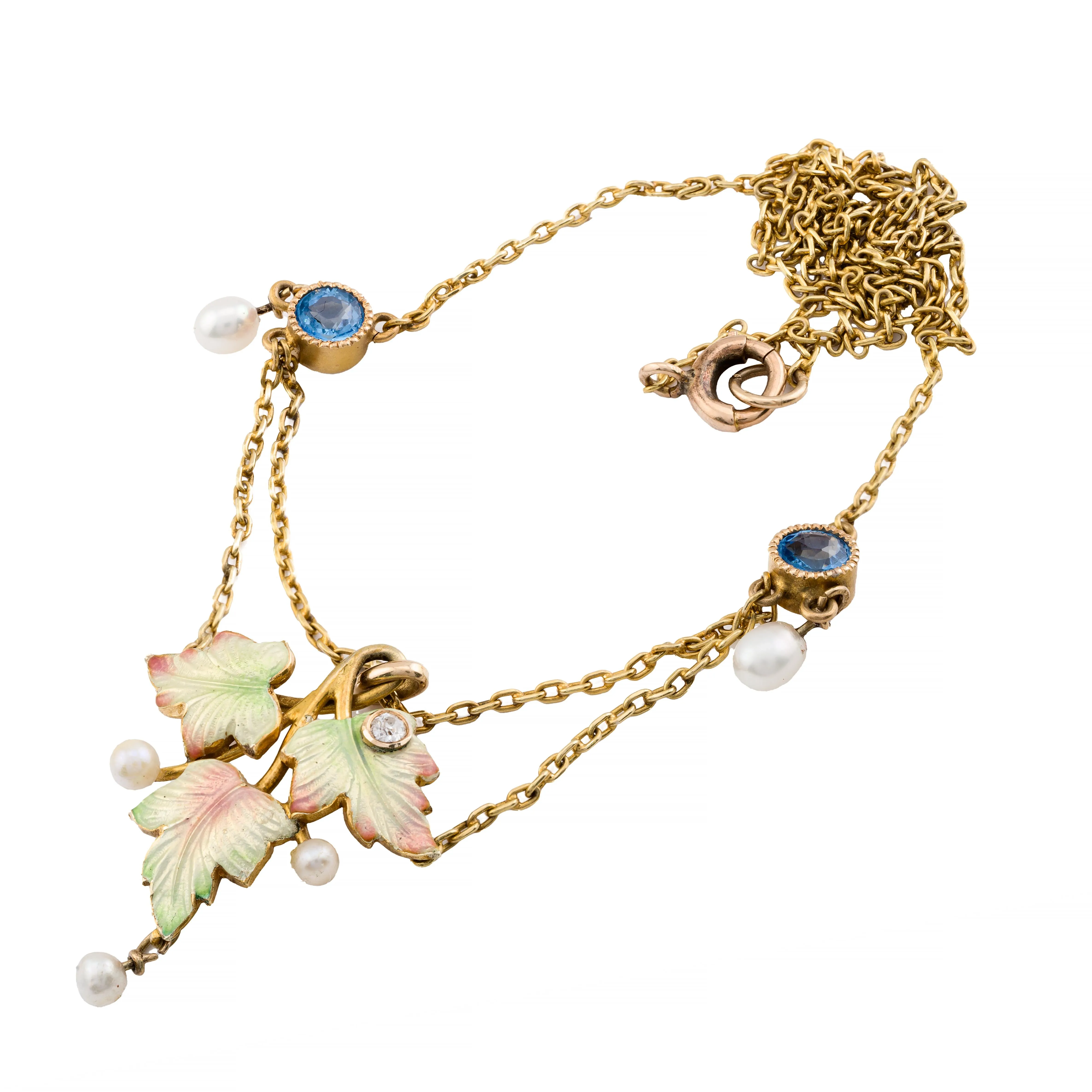 Art Nouveau Enamel Leaf Motif, Yogo Sapphire, & Diamond Festoon Necklace