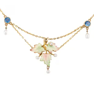 Art Nouveau Enamel Leaf Motif, Yogo Sapphire, & Diamond Festoon Necklace